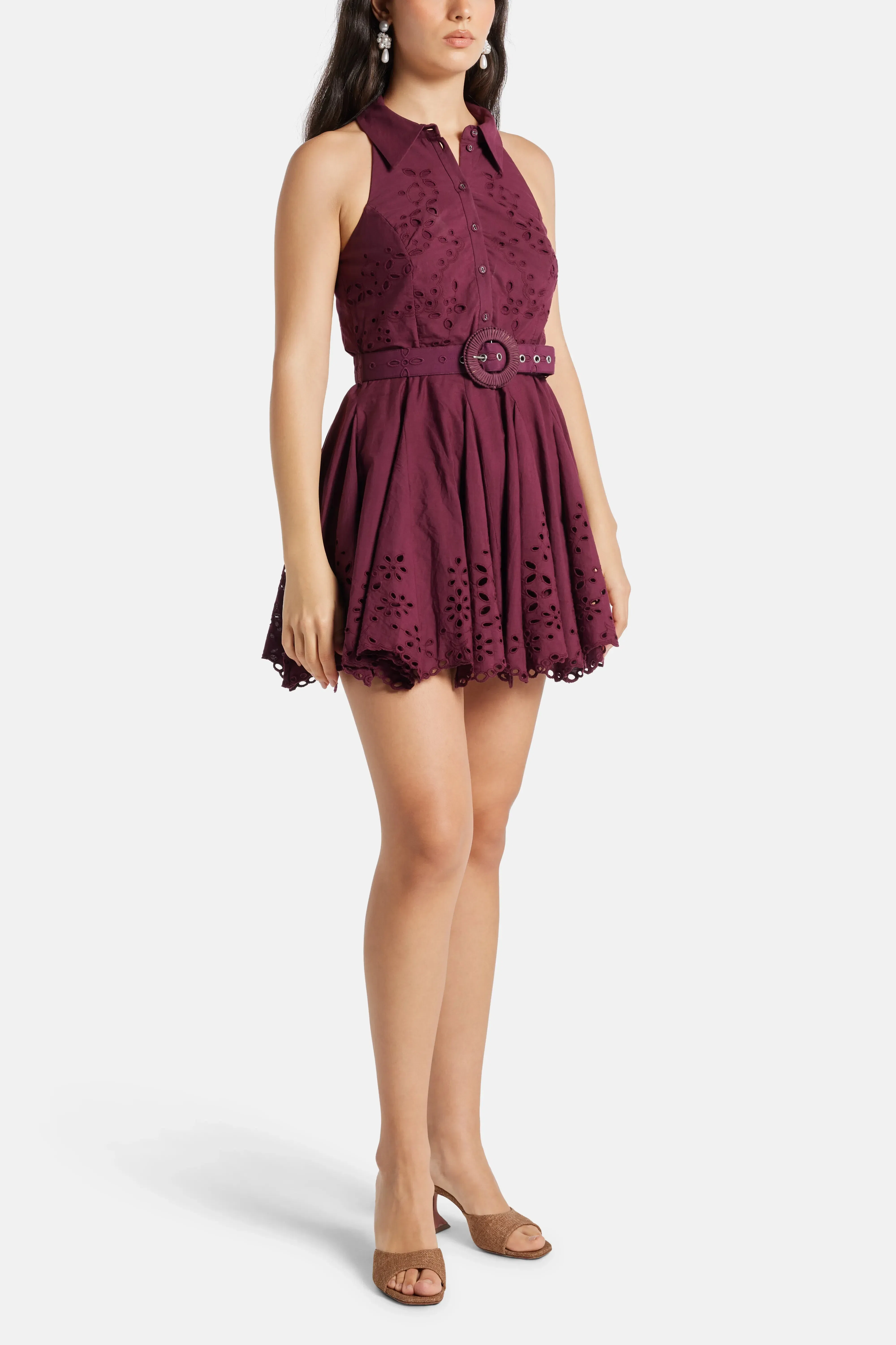 Hemant And Nandita Mahi Floral Sleeveless Belted Cotton Mini Dress in Burgundy