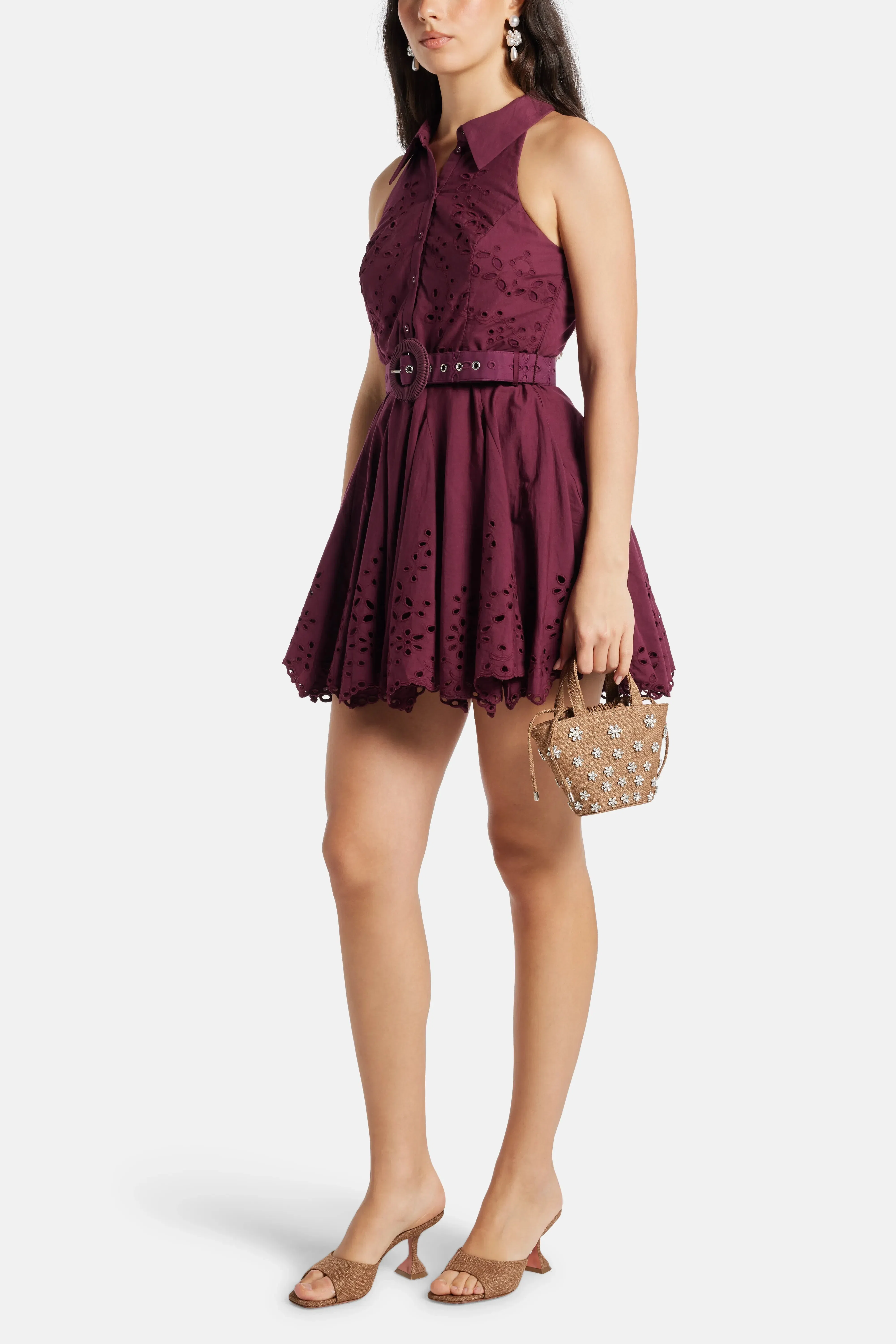 Hemant And Nandita Mahi Floral Sleeveless Belted Cotton Mini Dress in Burgundy