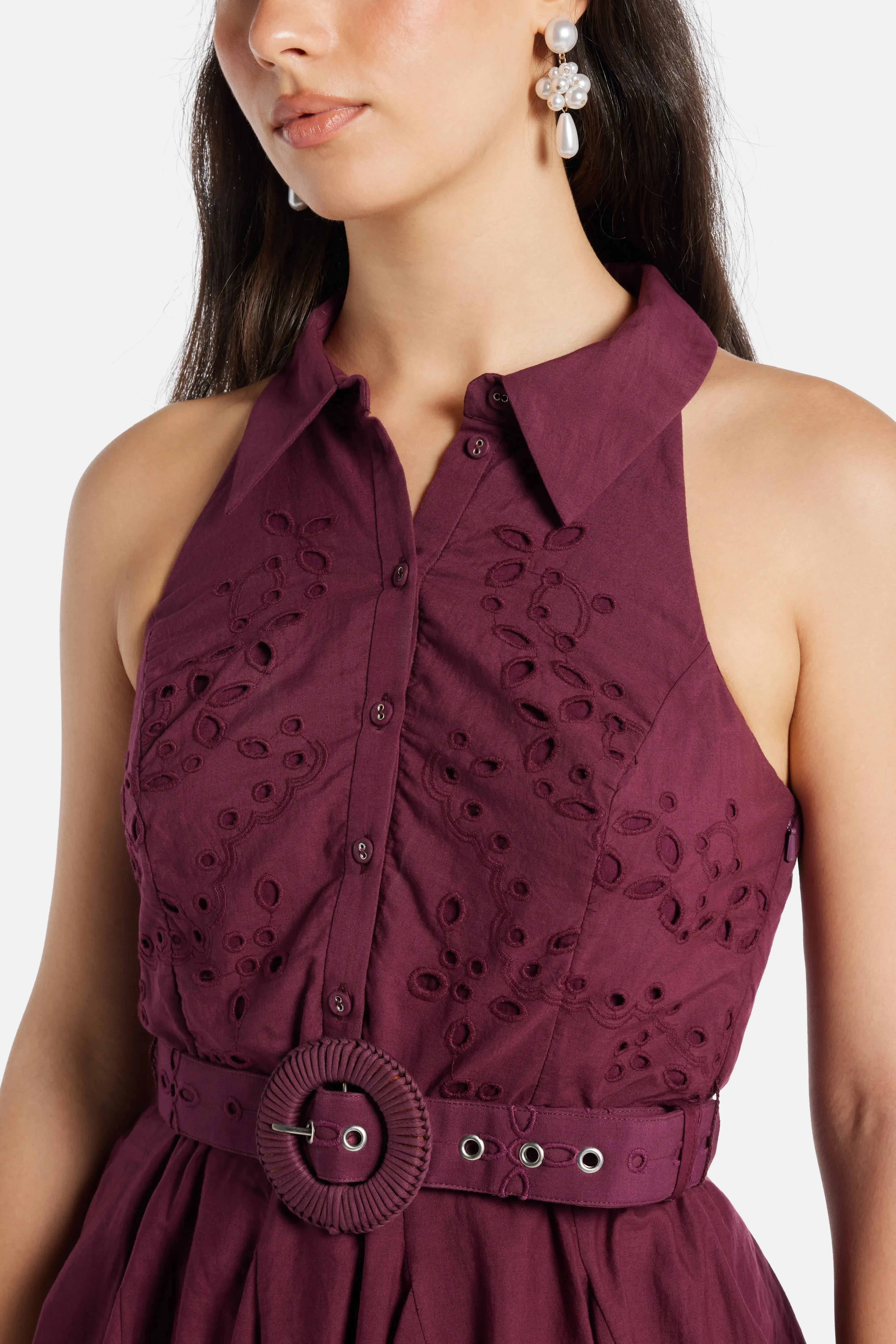 Hemant And Nandita Mahi Floral Sleeveless Belted Cotton Mini Dress in Burgundy