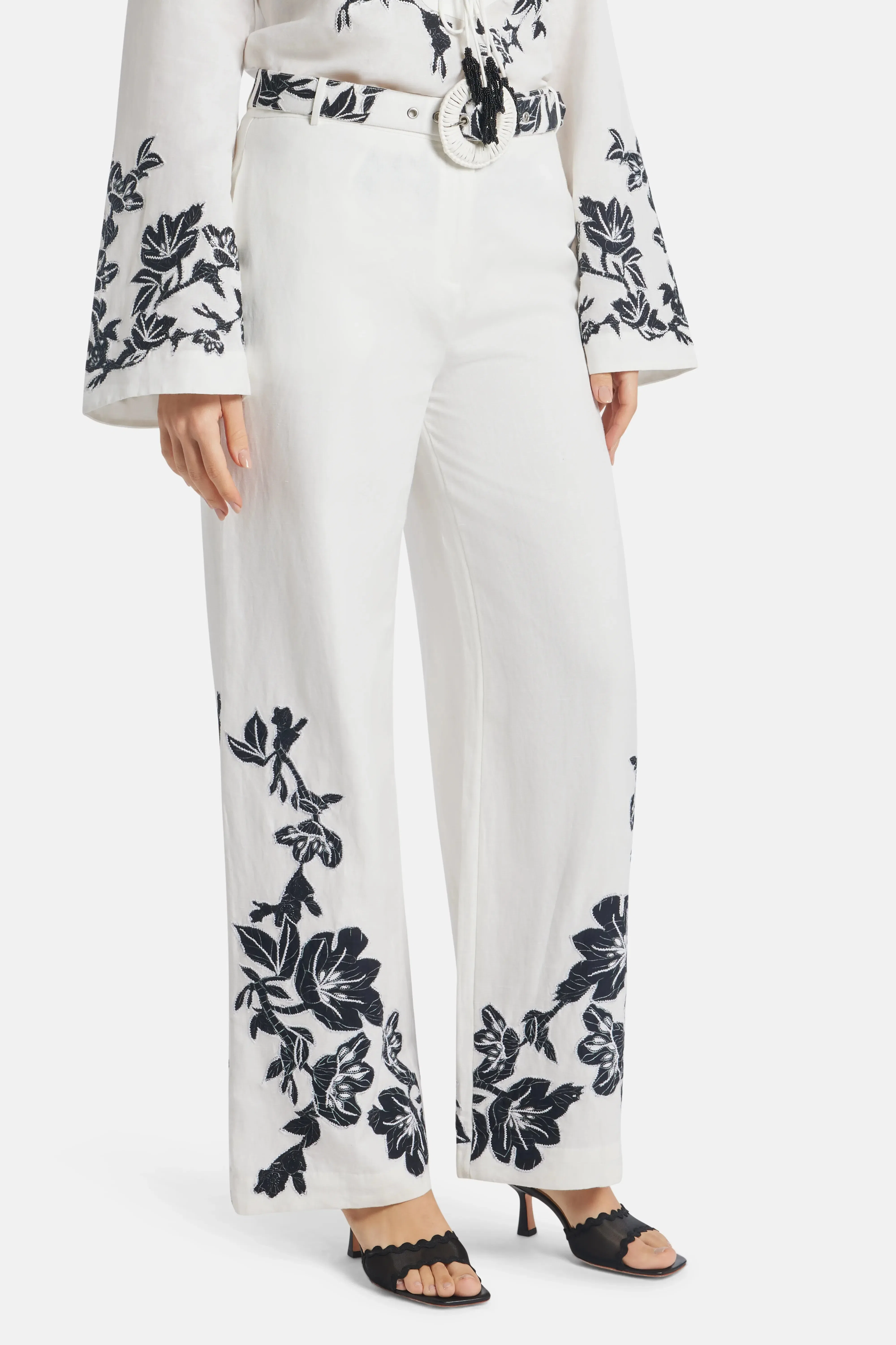 Hemant And Nandita Aahi Floral Linen Wide Legged Belted Pants in White