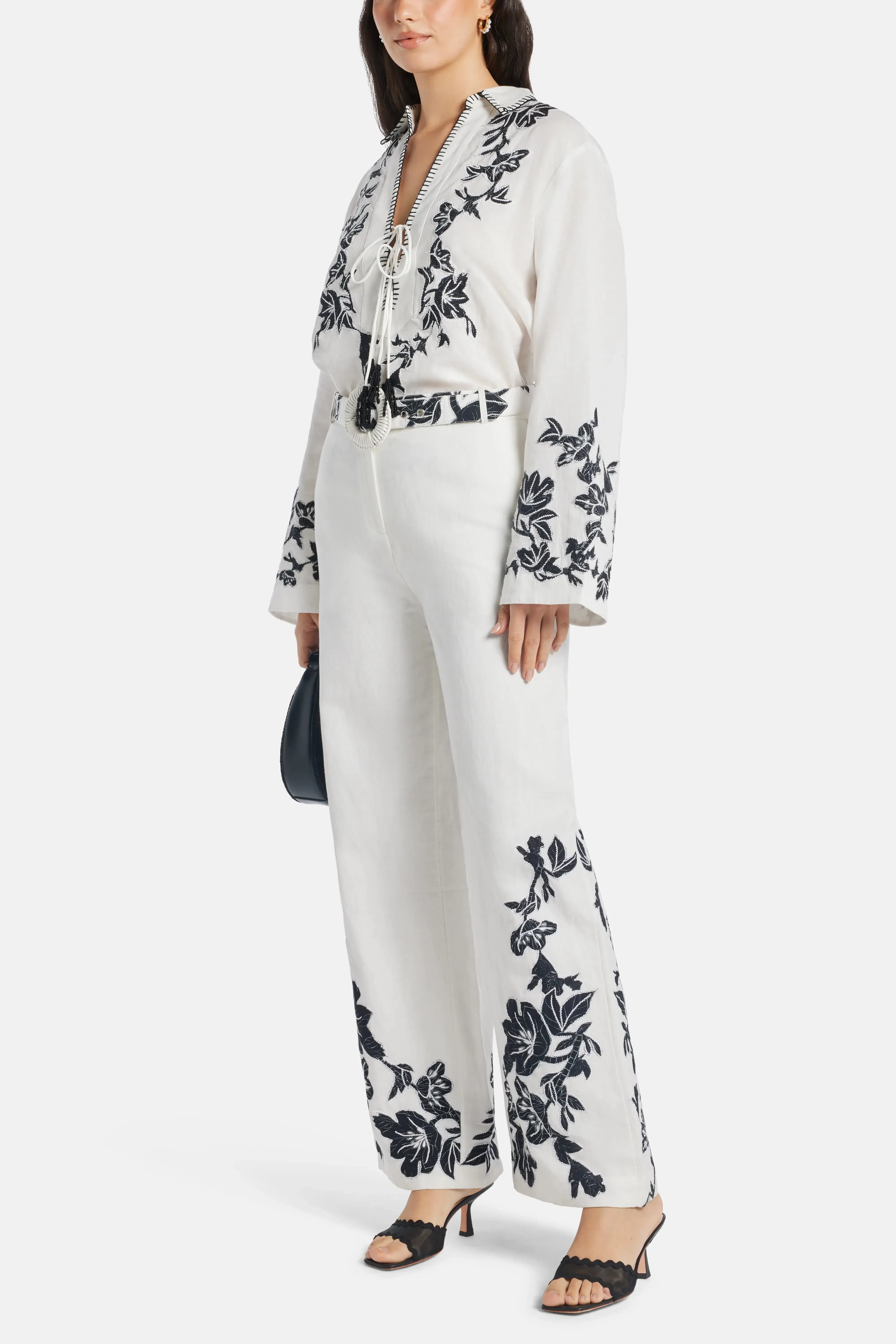 Hemant And Nandita Aahi Floral Linen Wide Legged Belted Pants in White