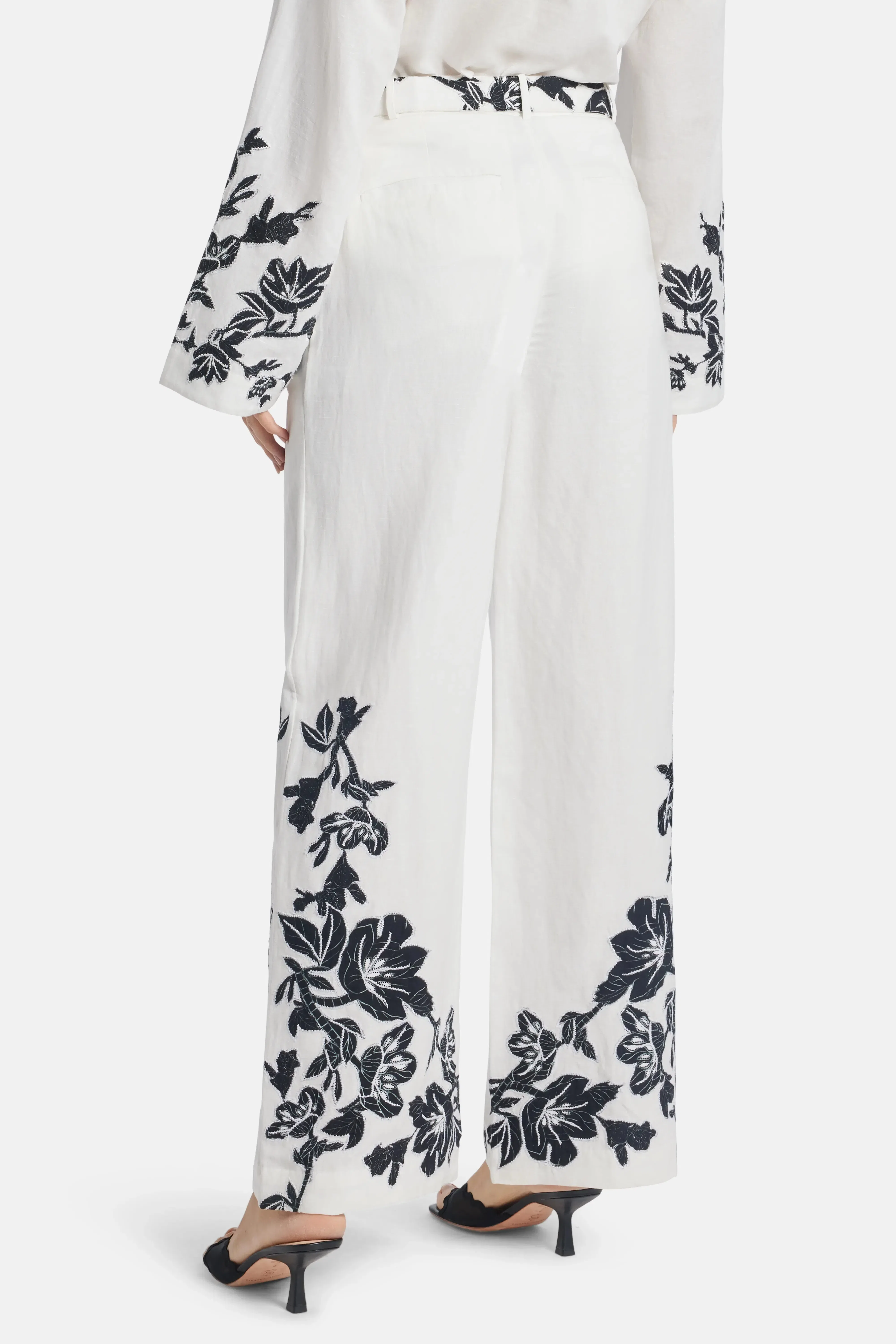 Hemant And Nandita Aahi Floral Linen Wide Legged Belted Pants in White