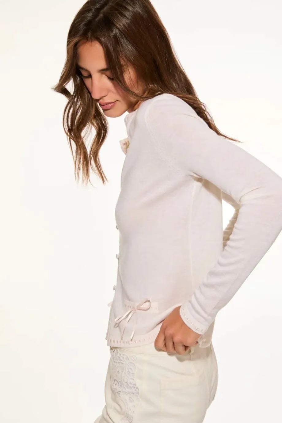 LoveShackFancy Nessa Ribbon Detail Wool Cardigan in White