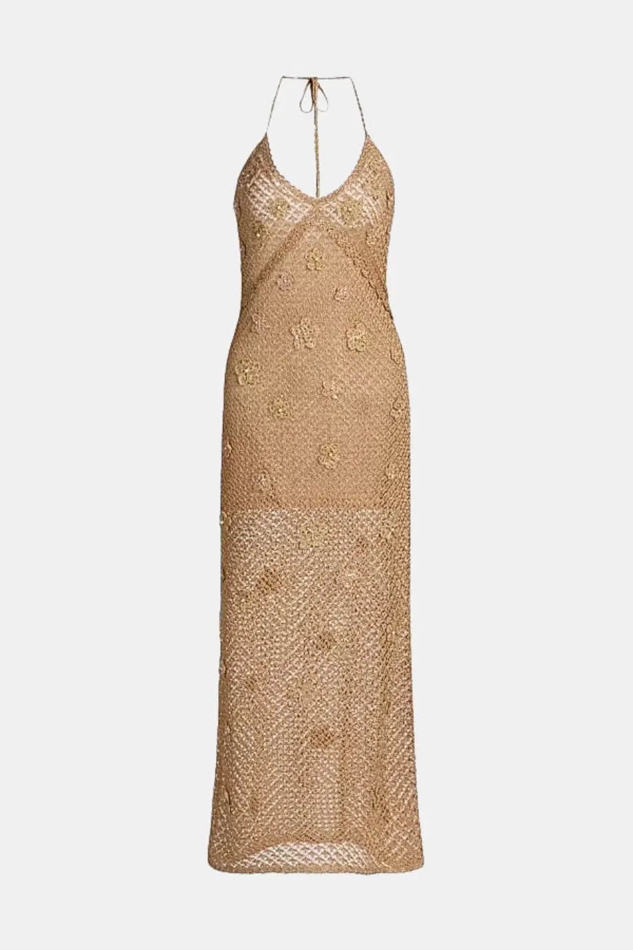 LoveShackFancy Vreya Floral Embellished Metallic Crochet Sleeveless Maxi Dress in Beige