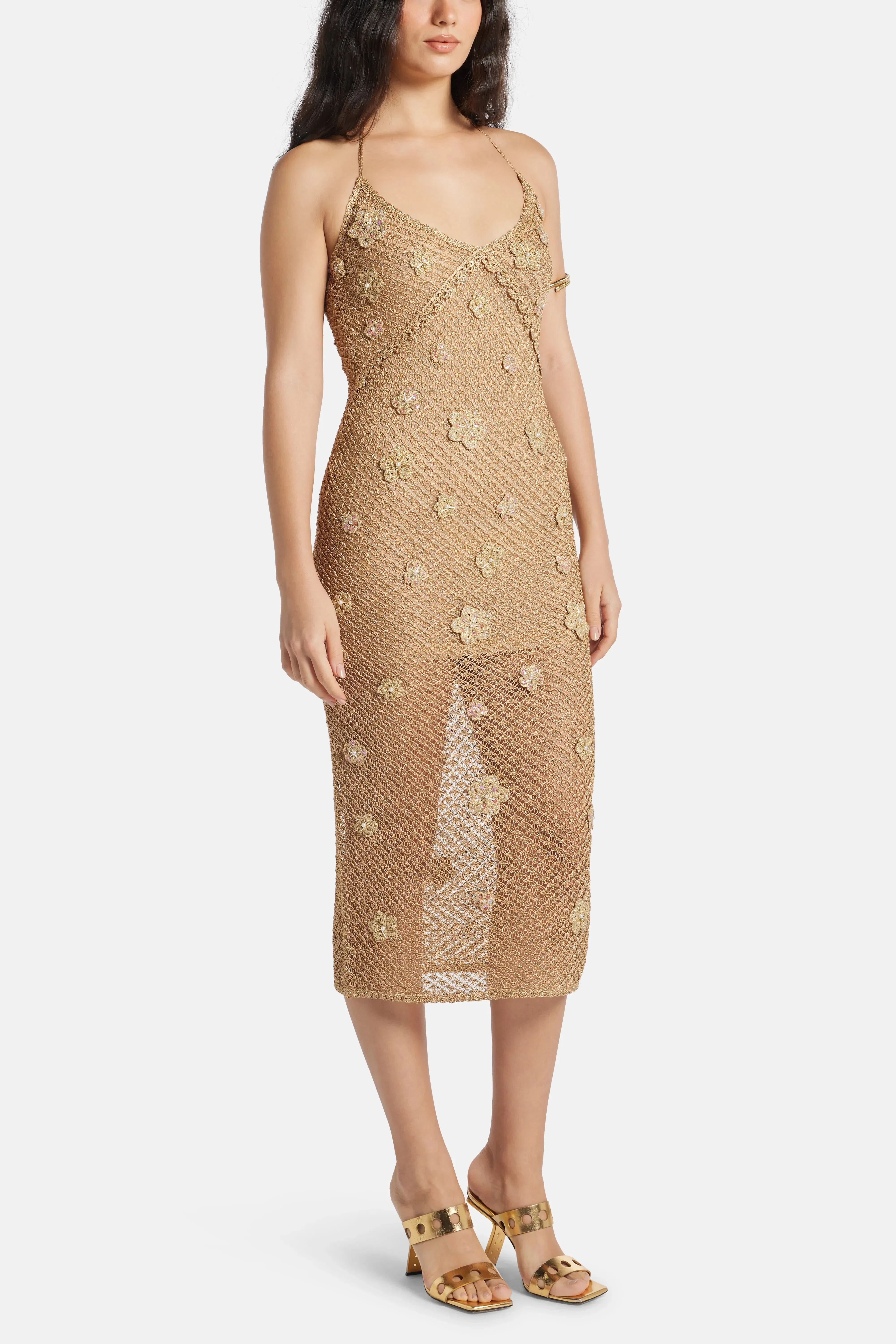 LoveShackFancy Vreya Floral Embellished Metallic Crochet Sleeveless Maxi Dress in Beige