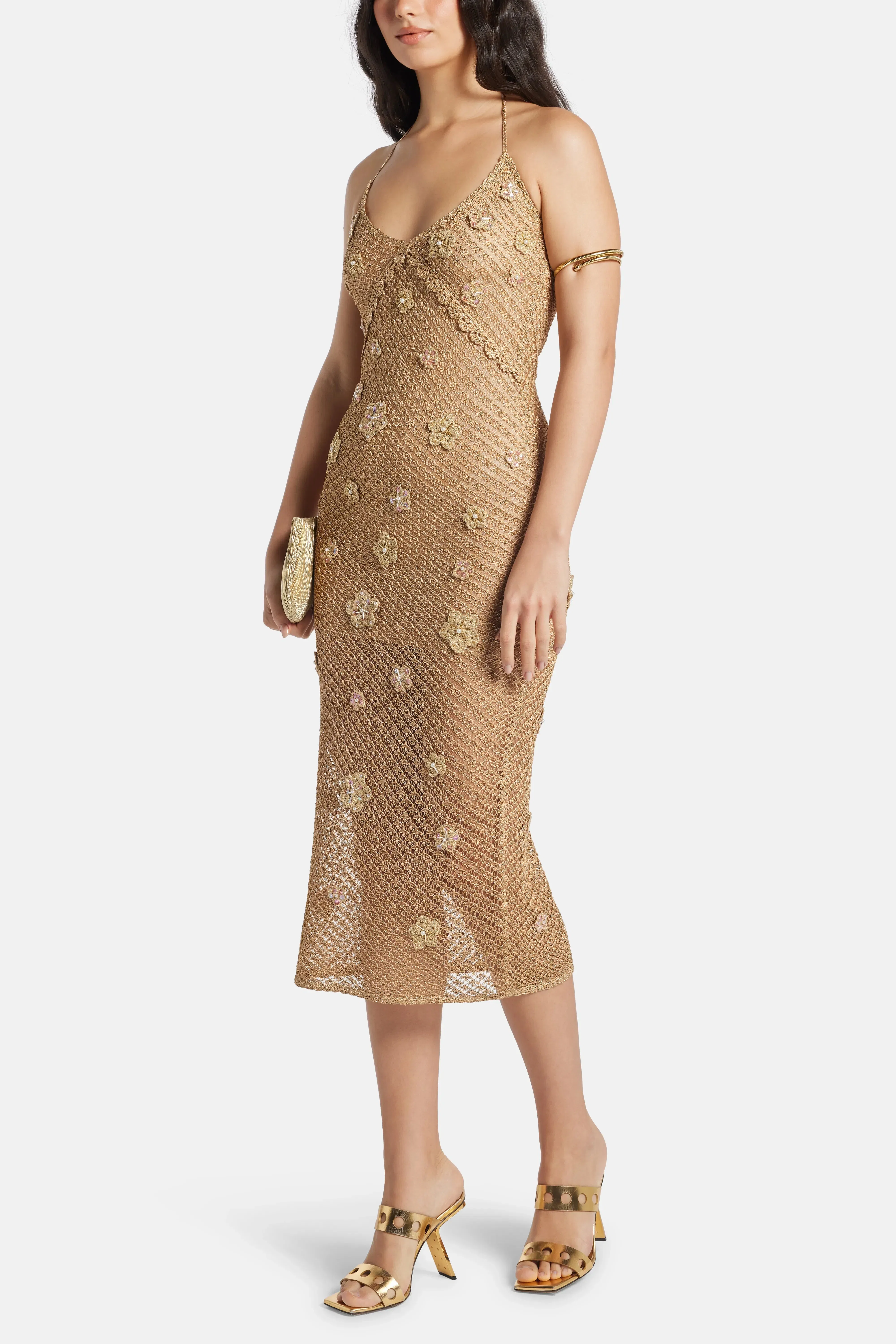 LoveShackFancy Vreya Floral Embellished Metallic Crochet Sleeveless Maxi Dress in Beige