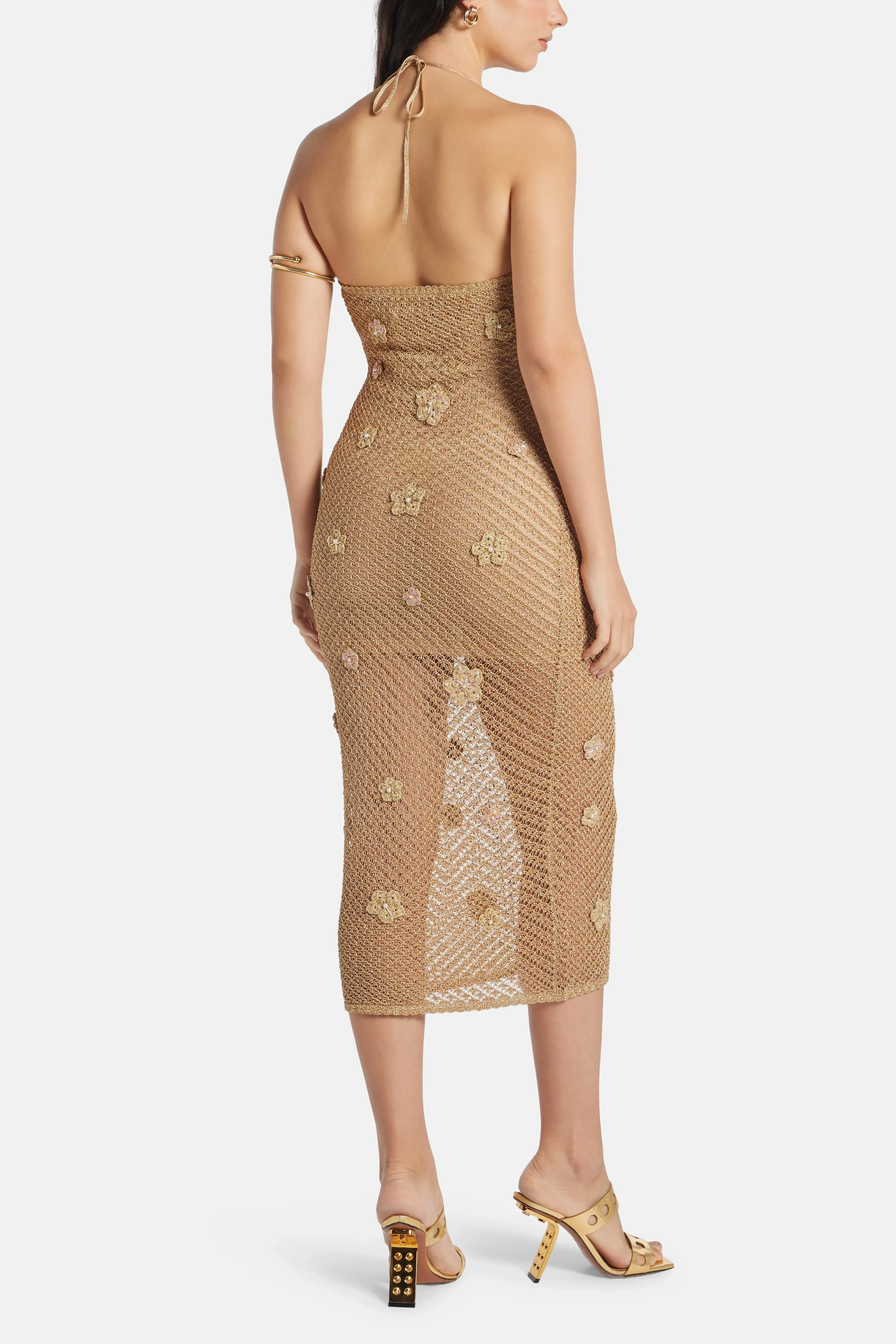 LoveShackFancy Vreya Floral Embellished Metallic Crochet Sleeveless Maxi Dress in Beige