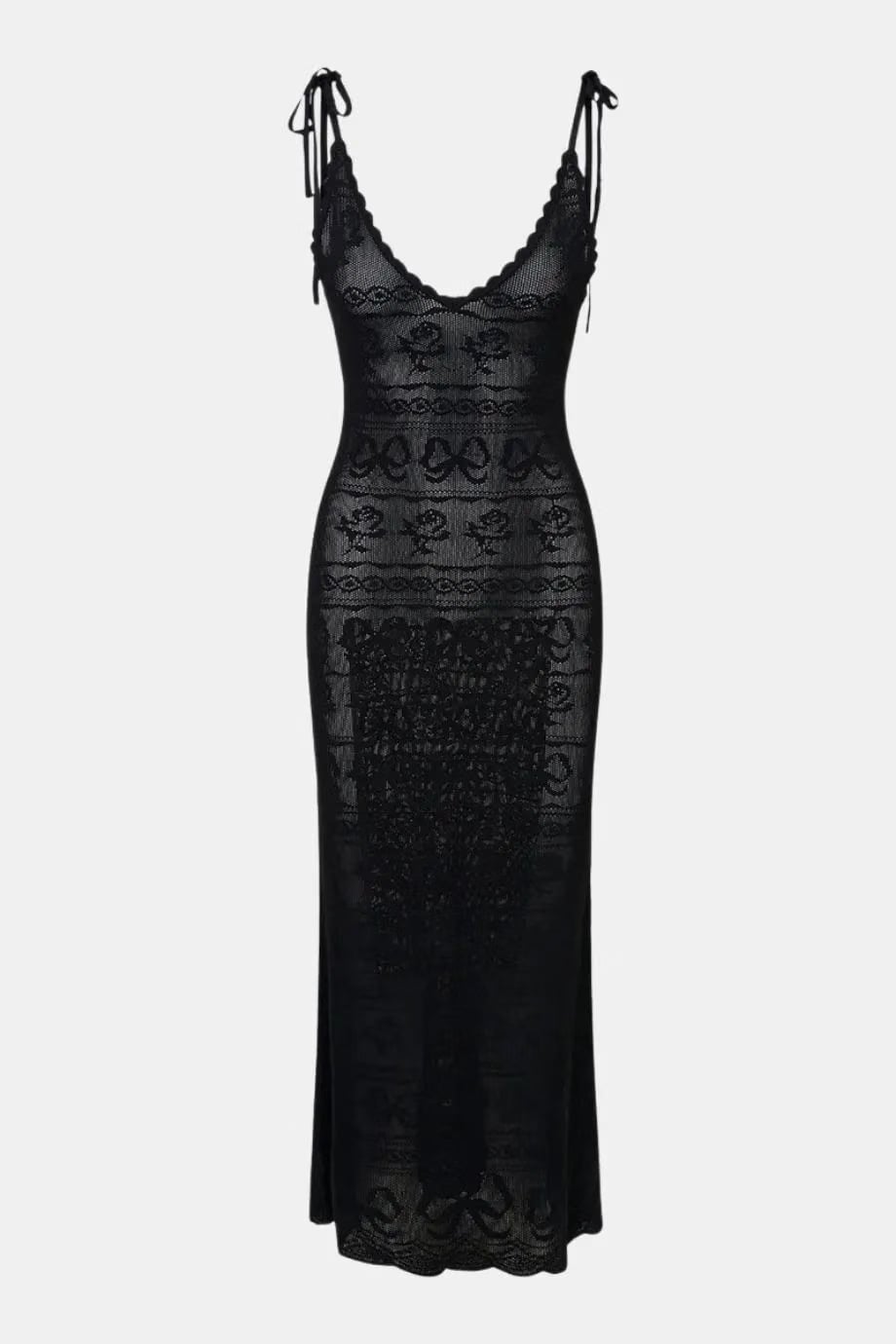 LoveShackFancy Cillian Bow Flower Pointelle Sleeveless Maxi Dress in Black