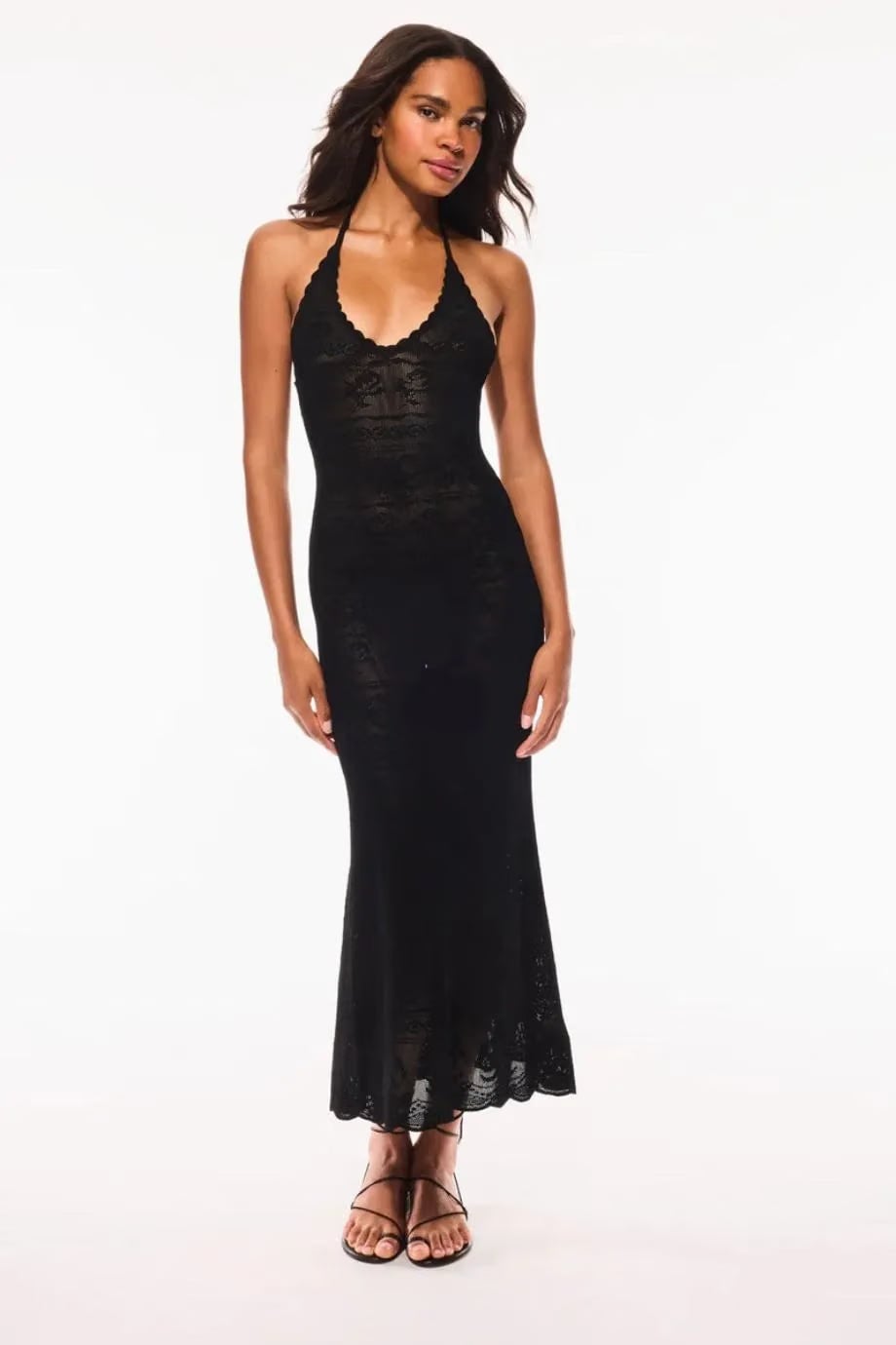LoveShackFancy Cillian Bow Flower Pointelle Sleeveless Maxi Dress in Black