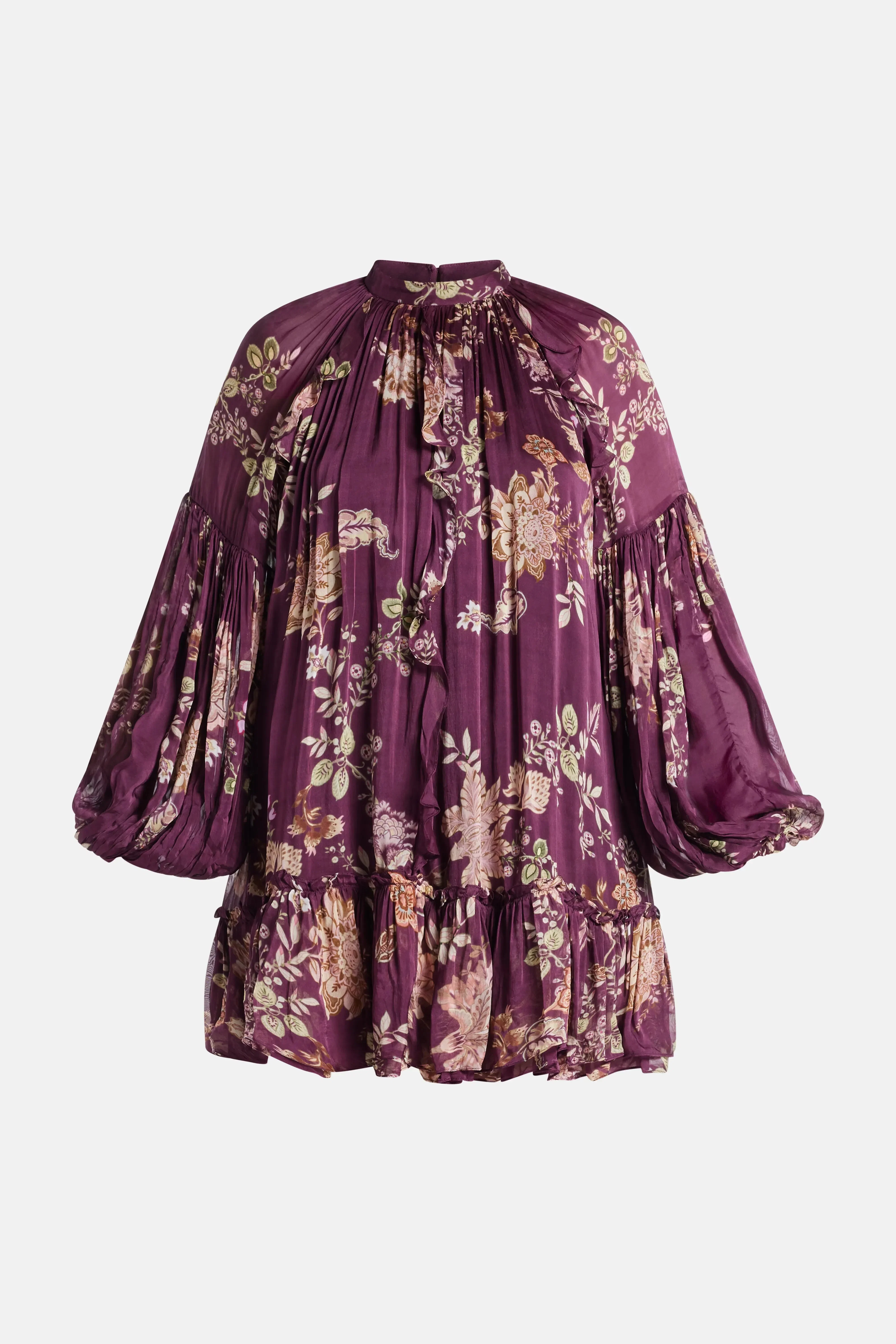 Hemant And Nandita Savi Floral Long Sleeves Belted Mini Dress in Burgundy