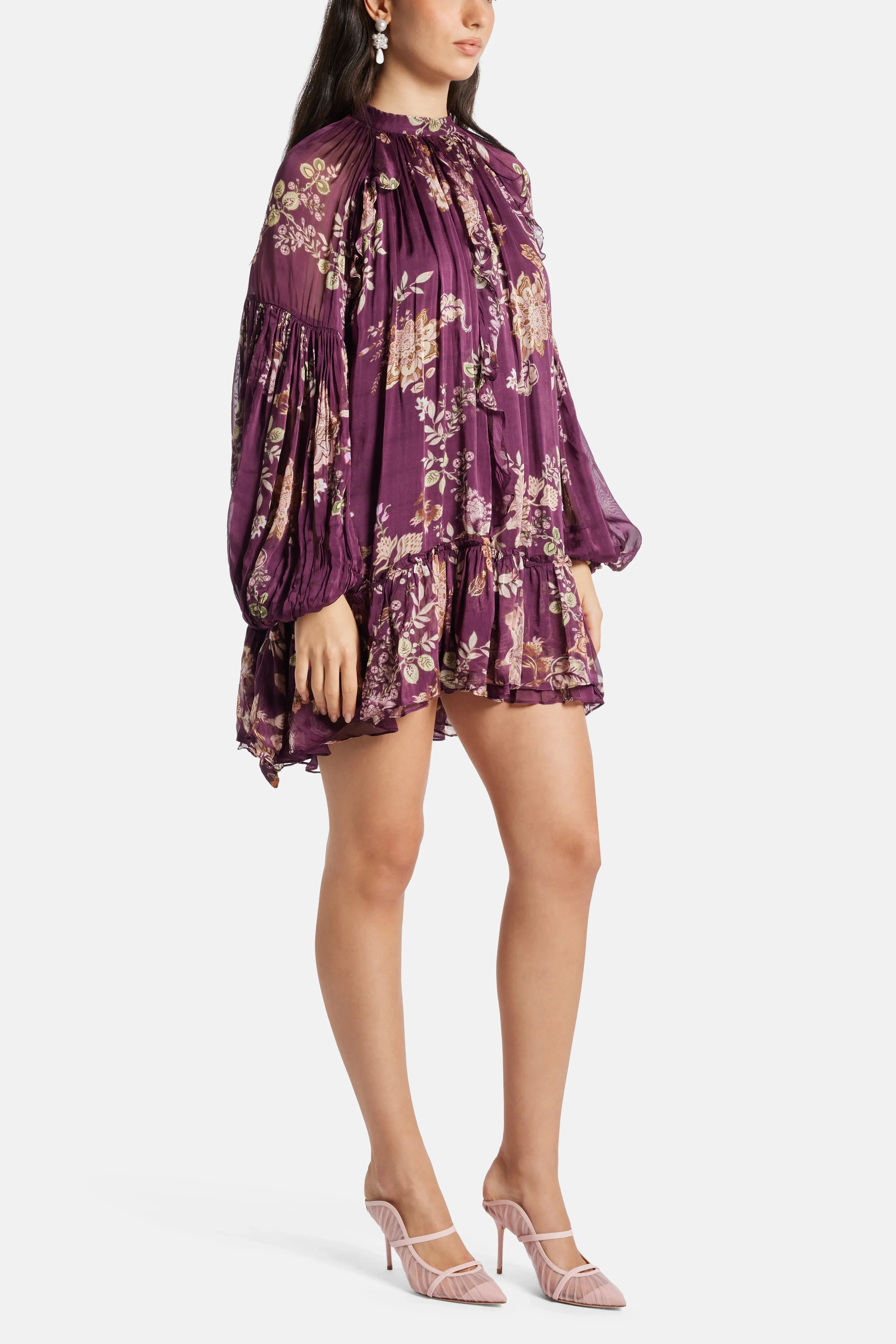 Hemant And Nandita Savi Floral Long Sleeves Belted Mini Dress in Burgundy