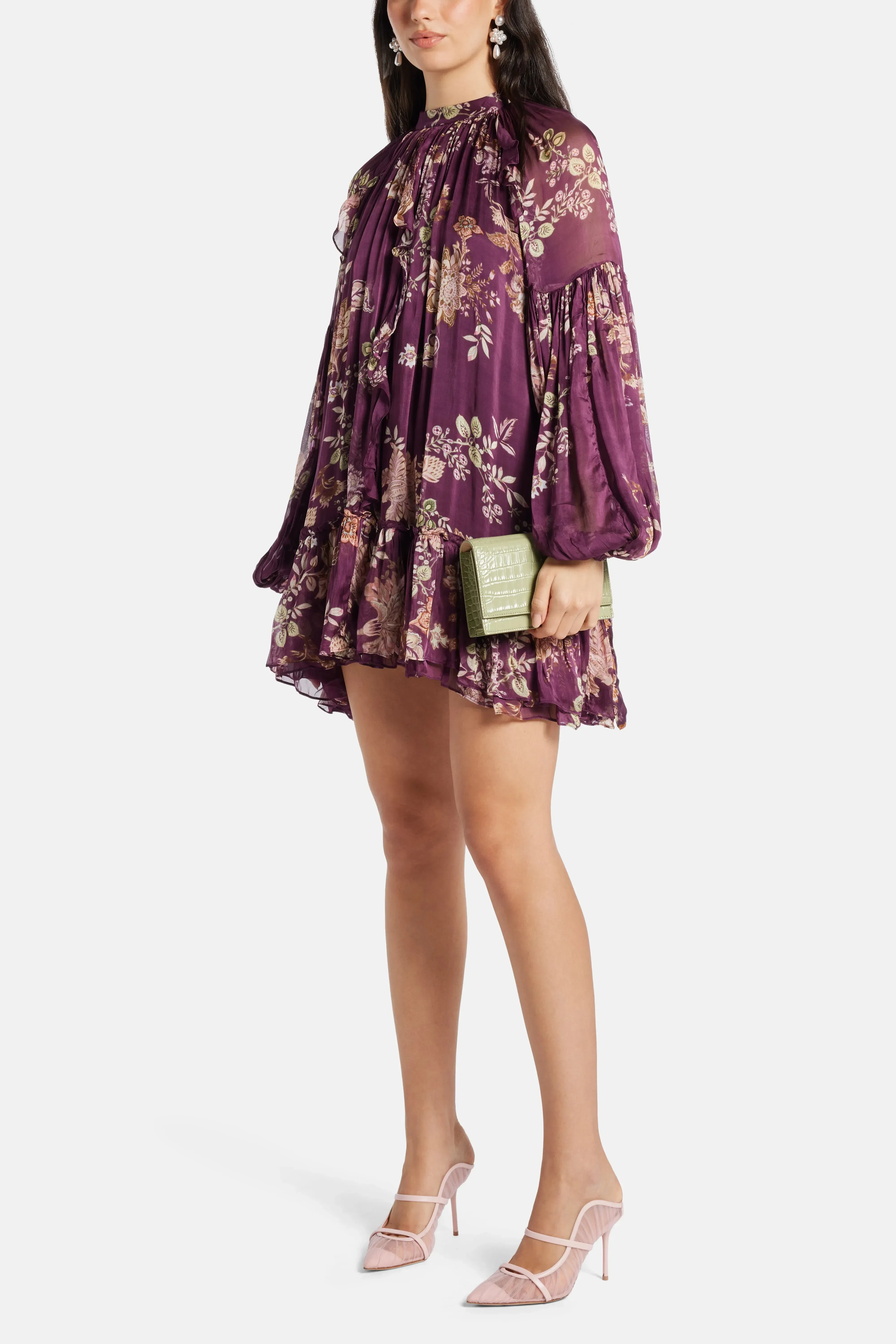 Hemant And Nandita Savi Floral Long Sleeves Belted Mini Dress in Burgundy