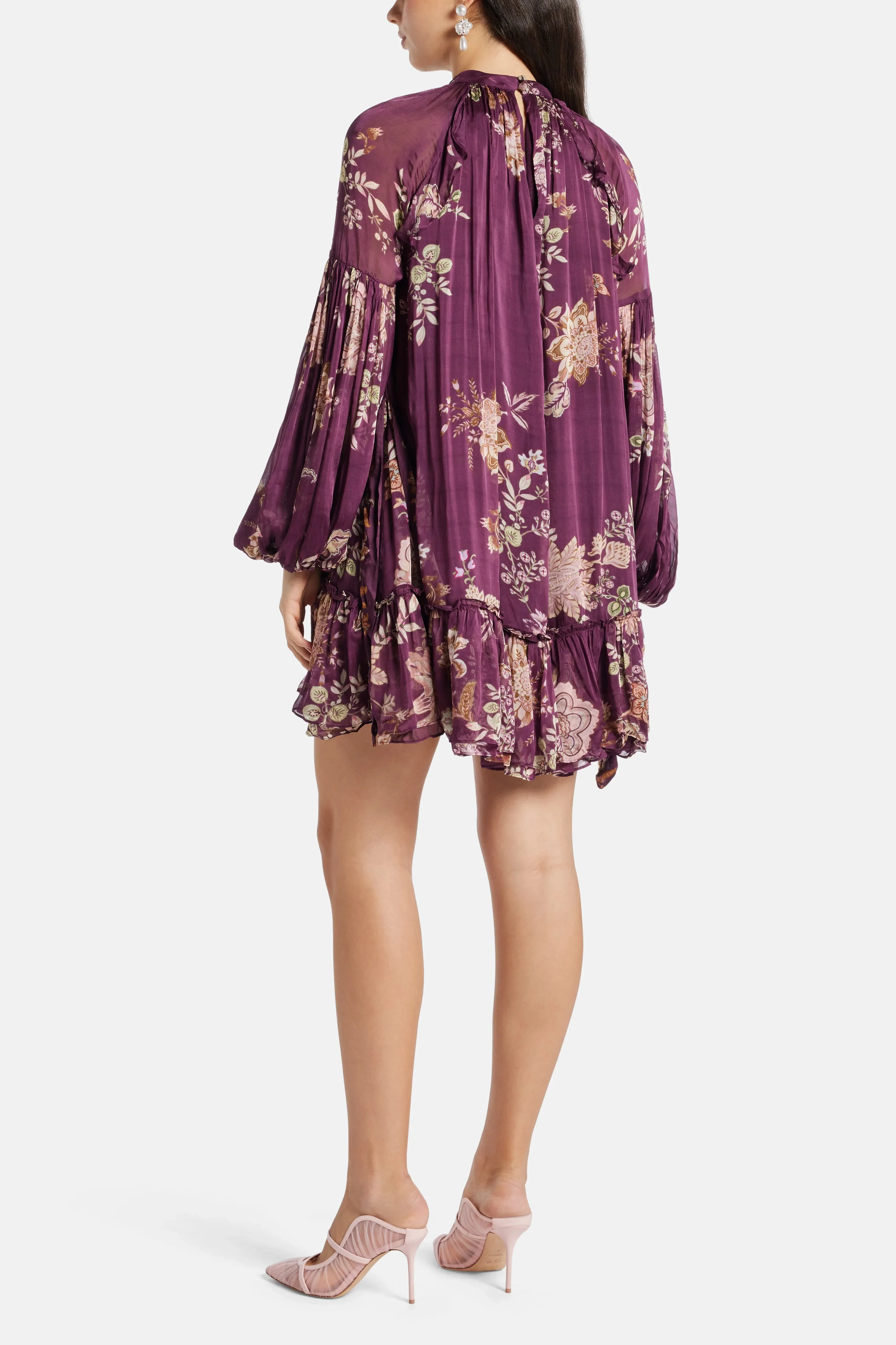 Hemant And Nandita Savi Floral Long Sleeves Belted Mini Dress in Burgundy