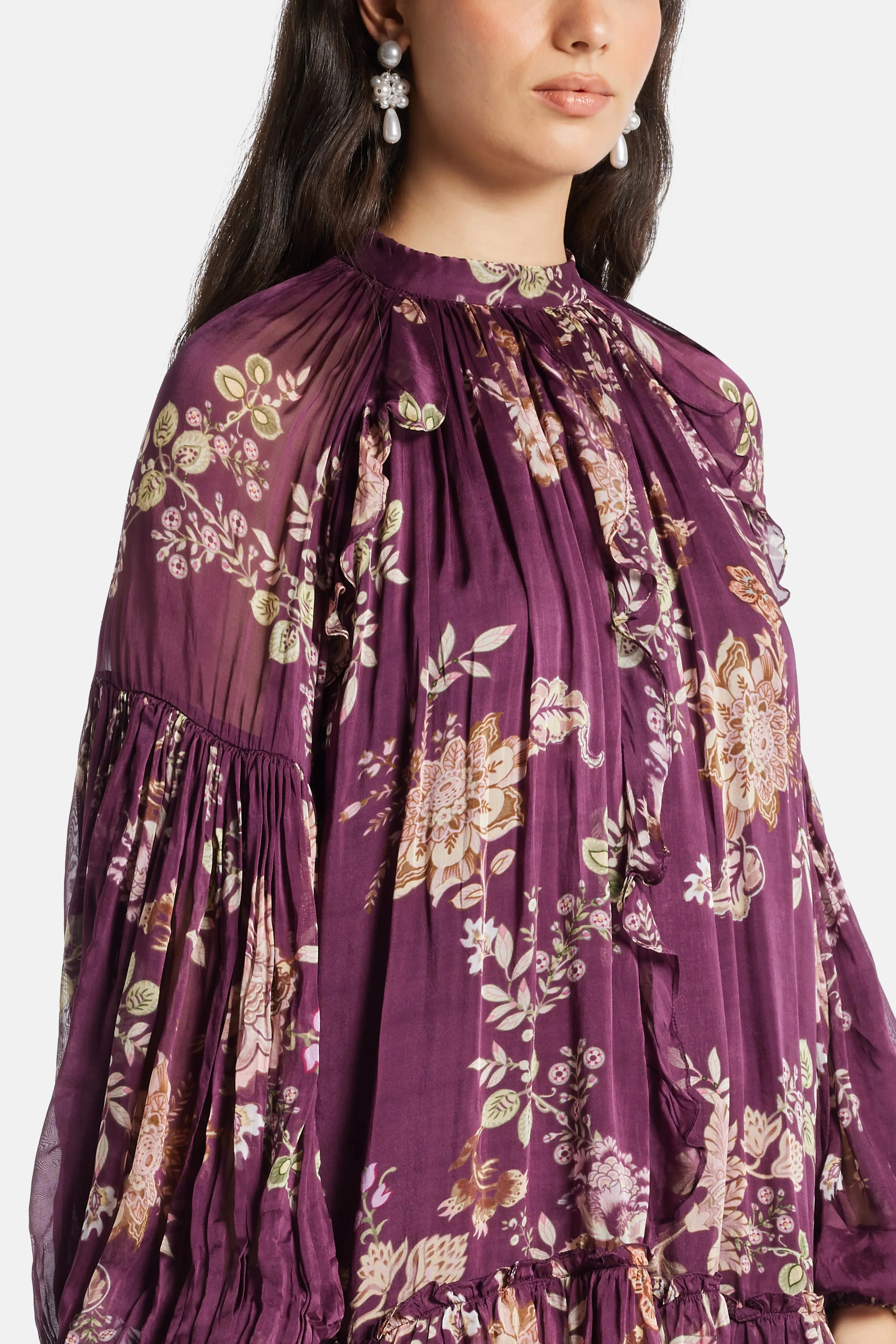 Hemant And Nandita Savi Floral Long Sleeves Belted Mini Dress in Burgundy