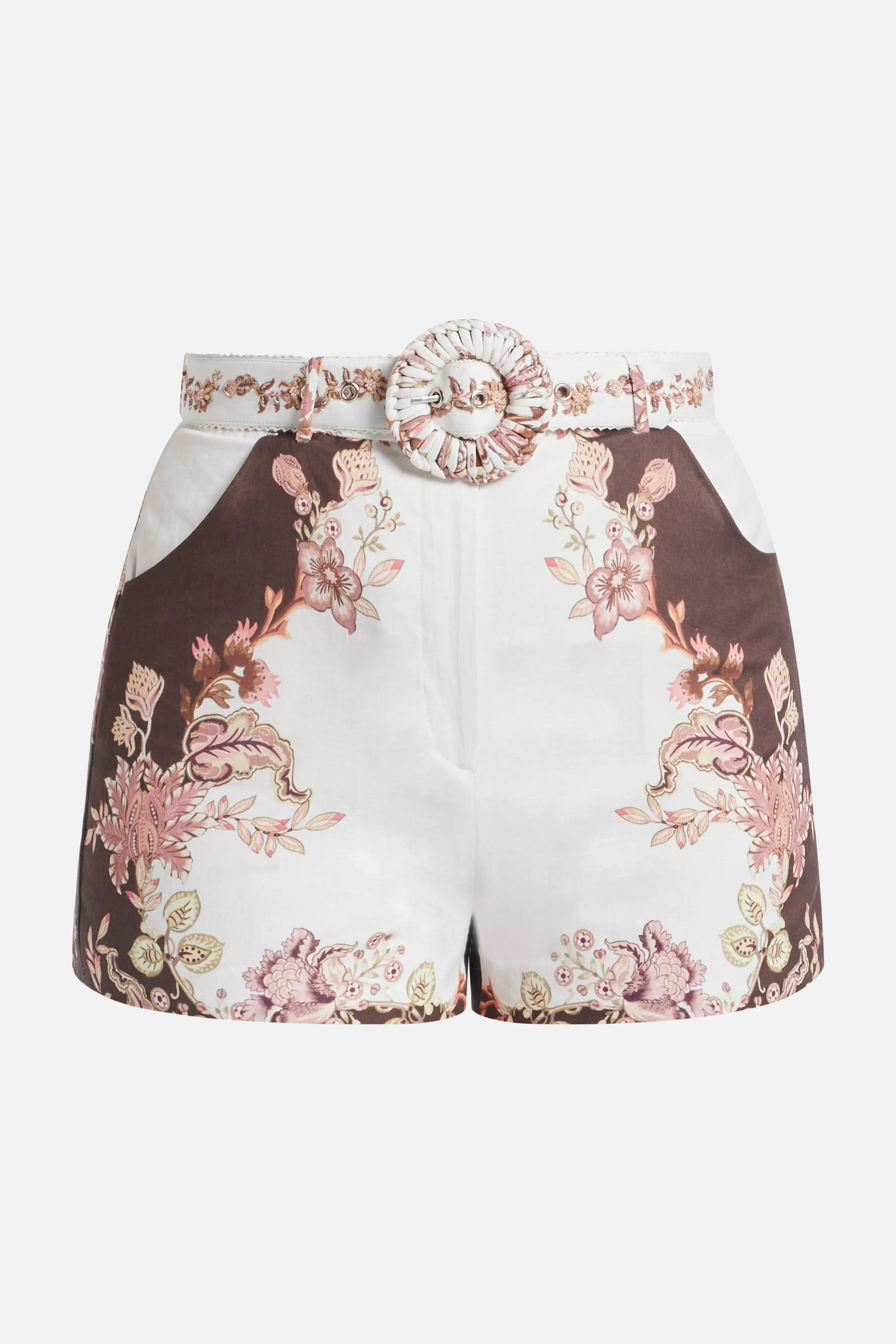 Hemant And Nandita Diza Floral Linen Belted Shorts in White