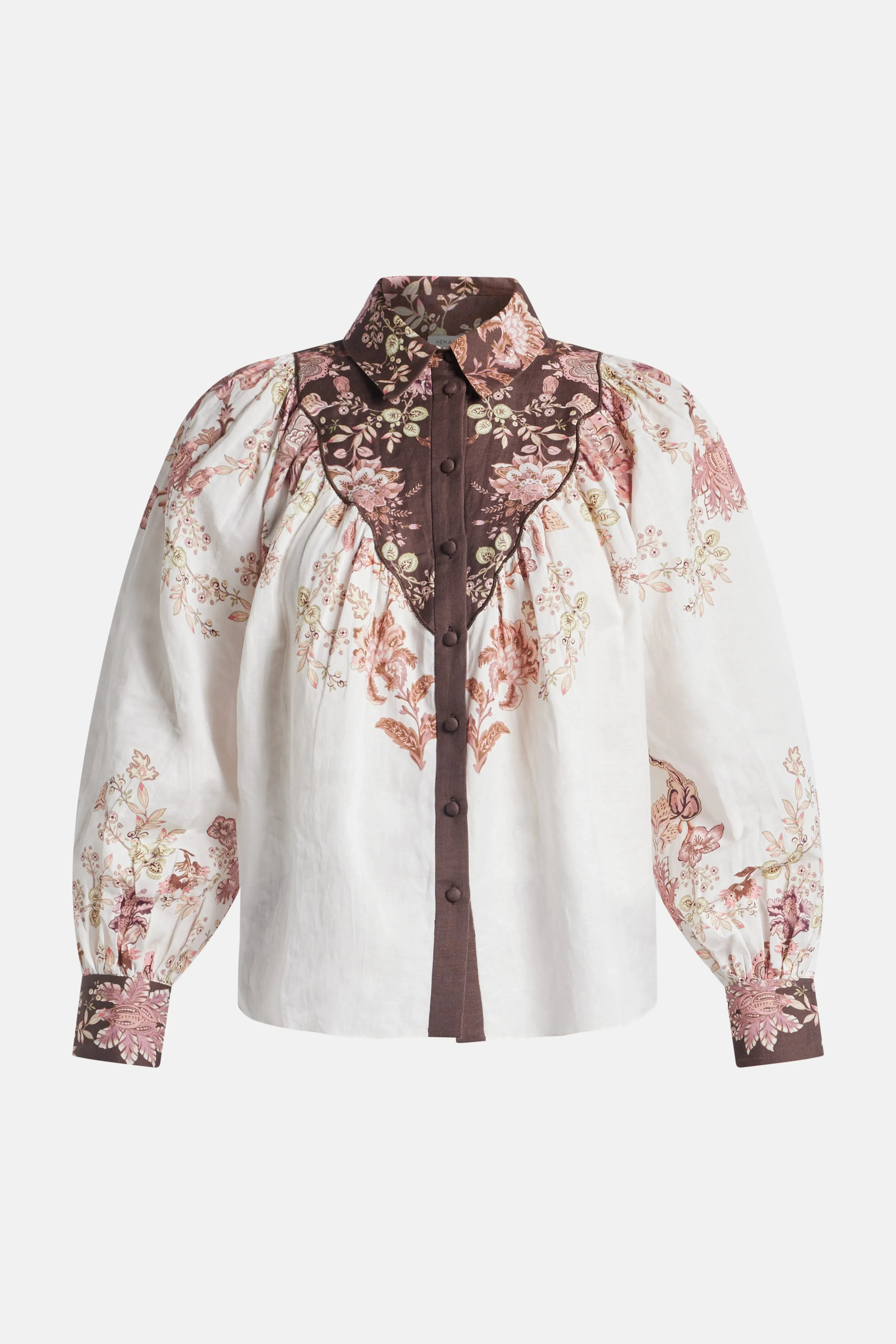 Hemant And Nandita Diza Floral Long Sleeves Collared Linen Blouse in White