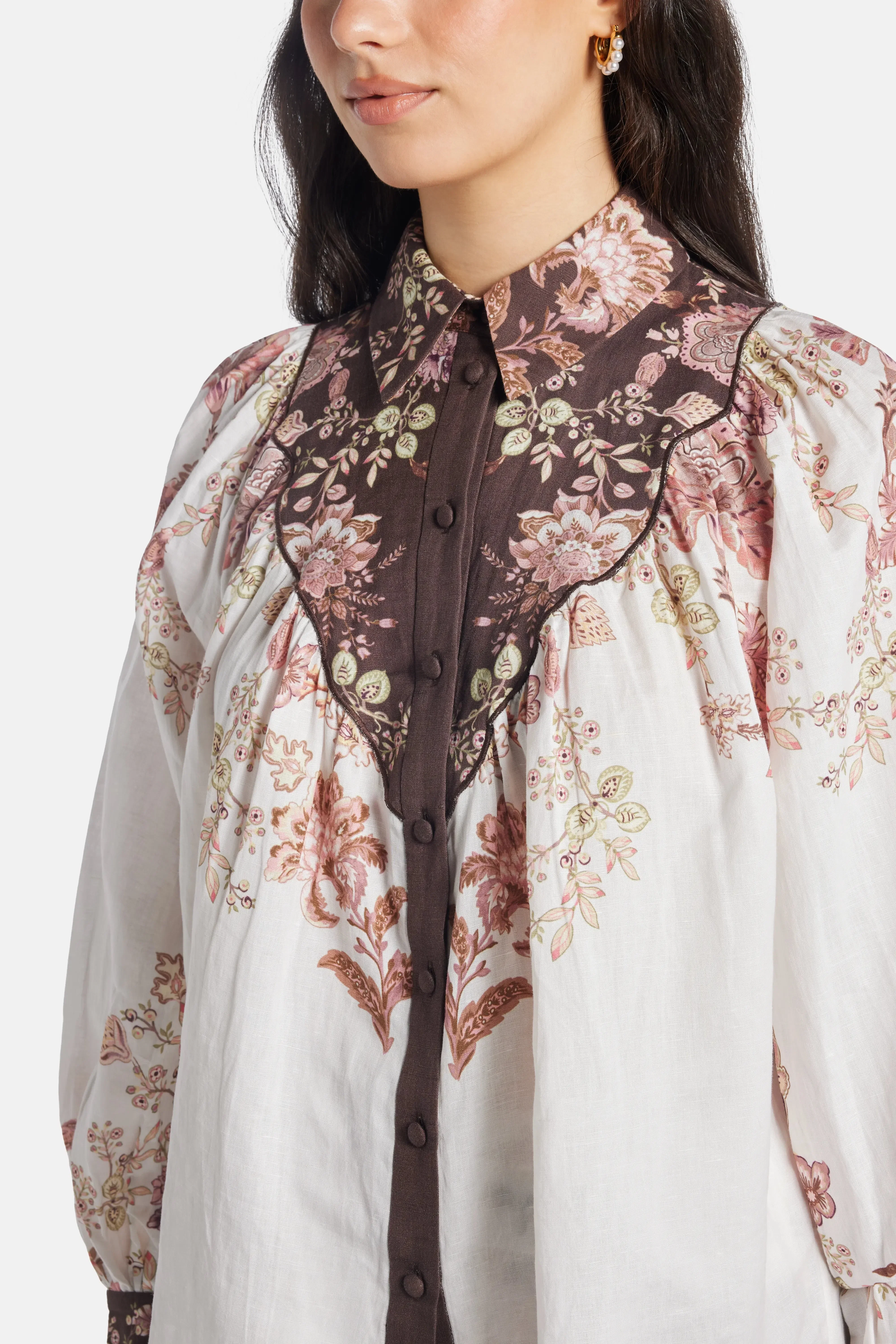 Hemant And Nandita Diza Floral Long Sleeves Collared Linen Blouse in White