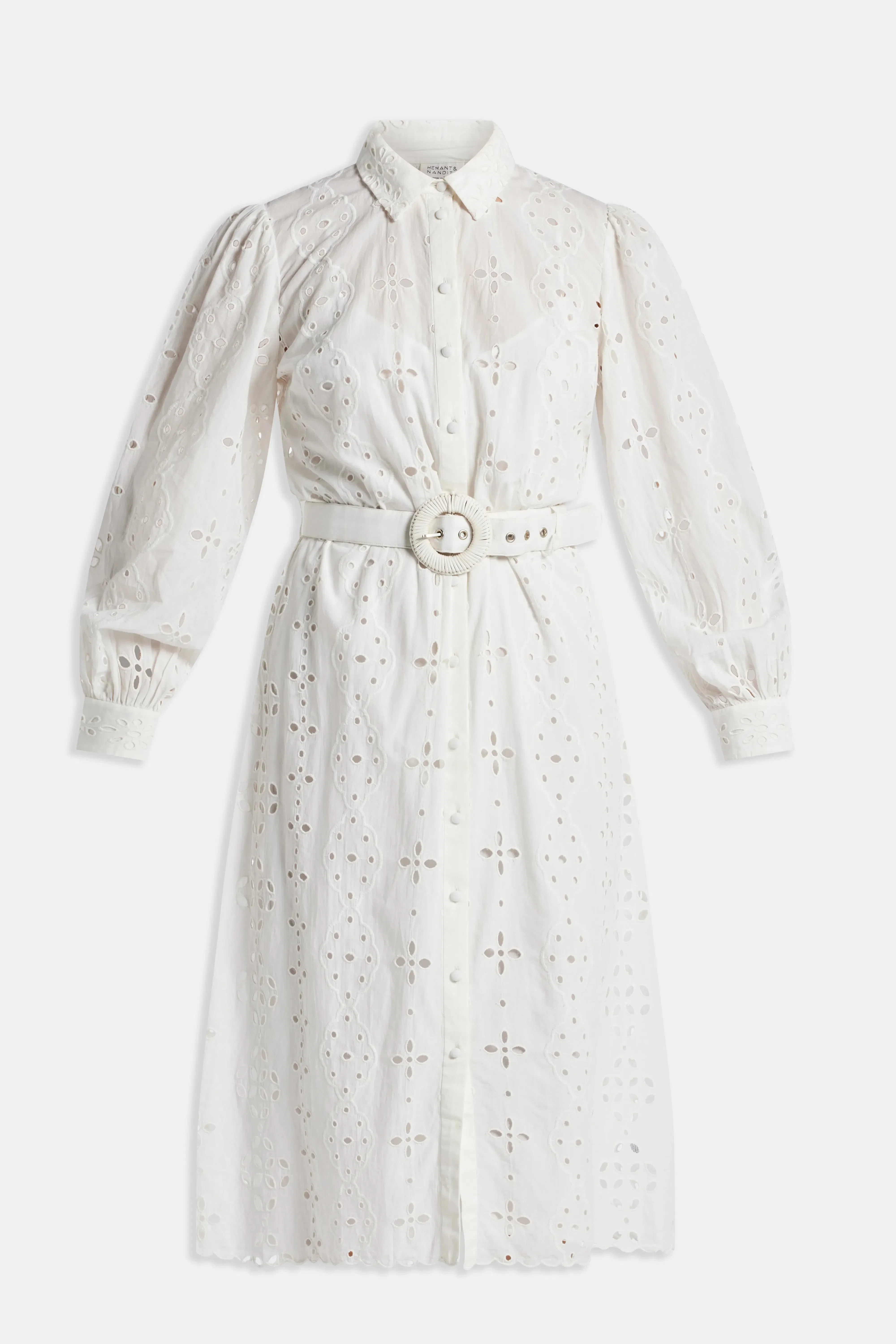 Hemant And Nandita Adya Long Sleeves Belted Cotton Shirt Maxi Dress in White