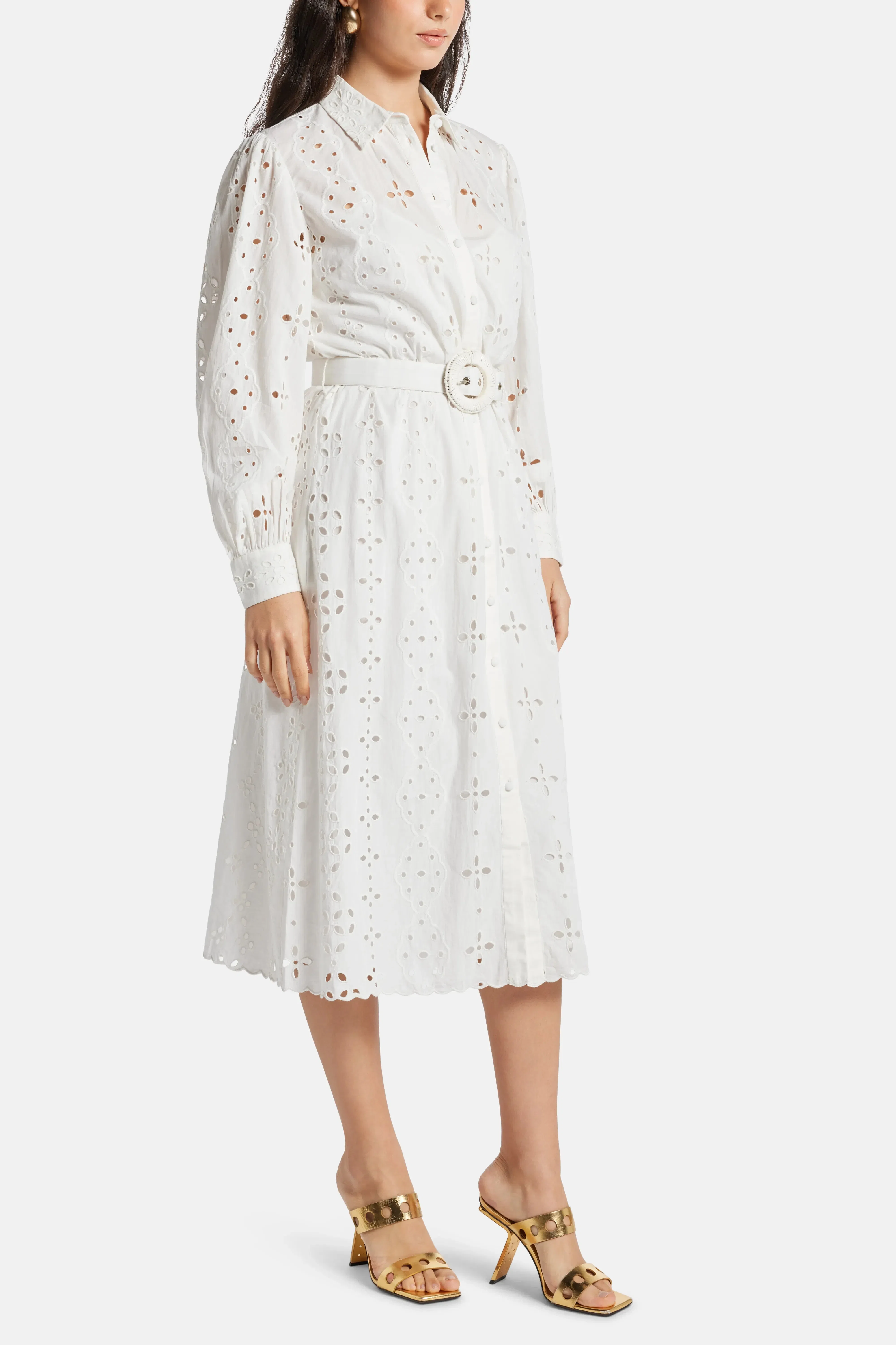 Hemant And Nandita Adya Long Sleeves Belted Cotton Shirt Maxi Dress in White