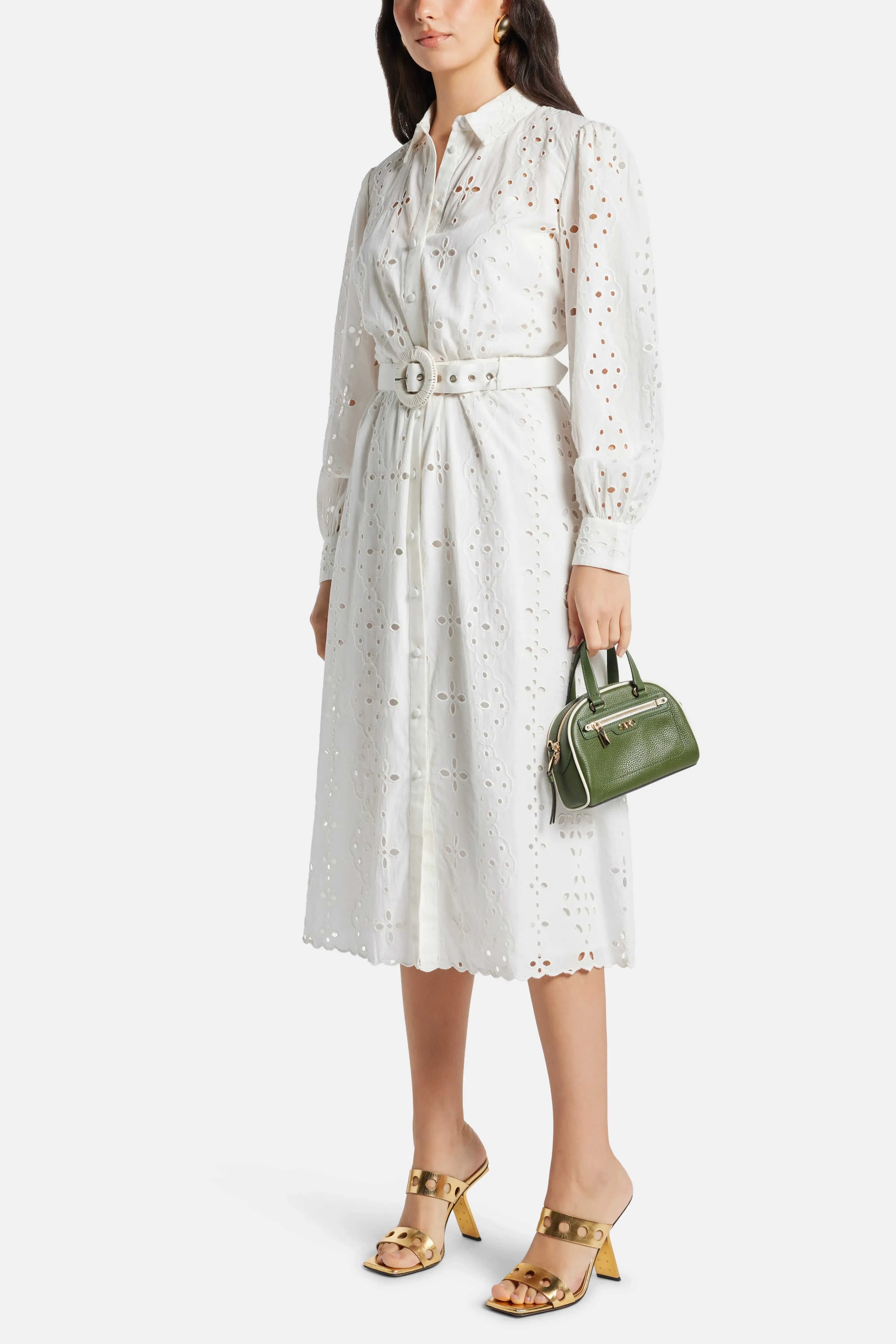 Hemant And Nandita Adya Long Sleeves Belted Cotton Shirt Maxi Dress in White
