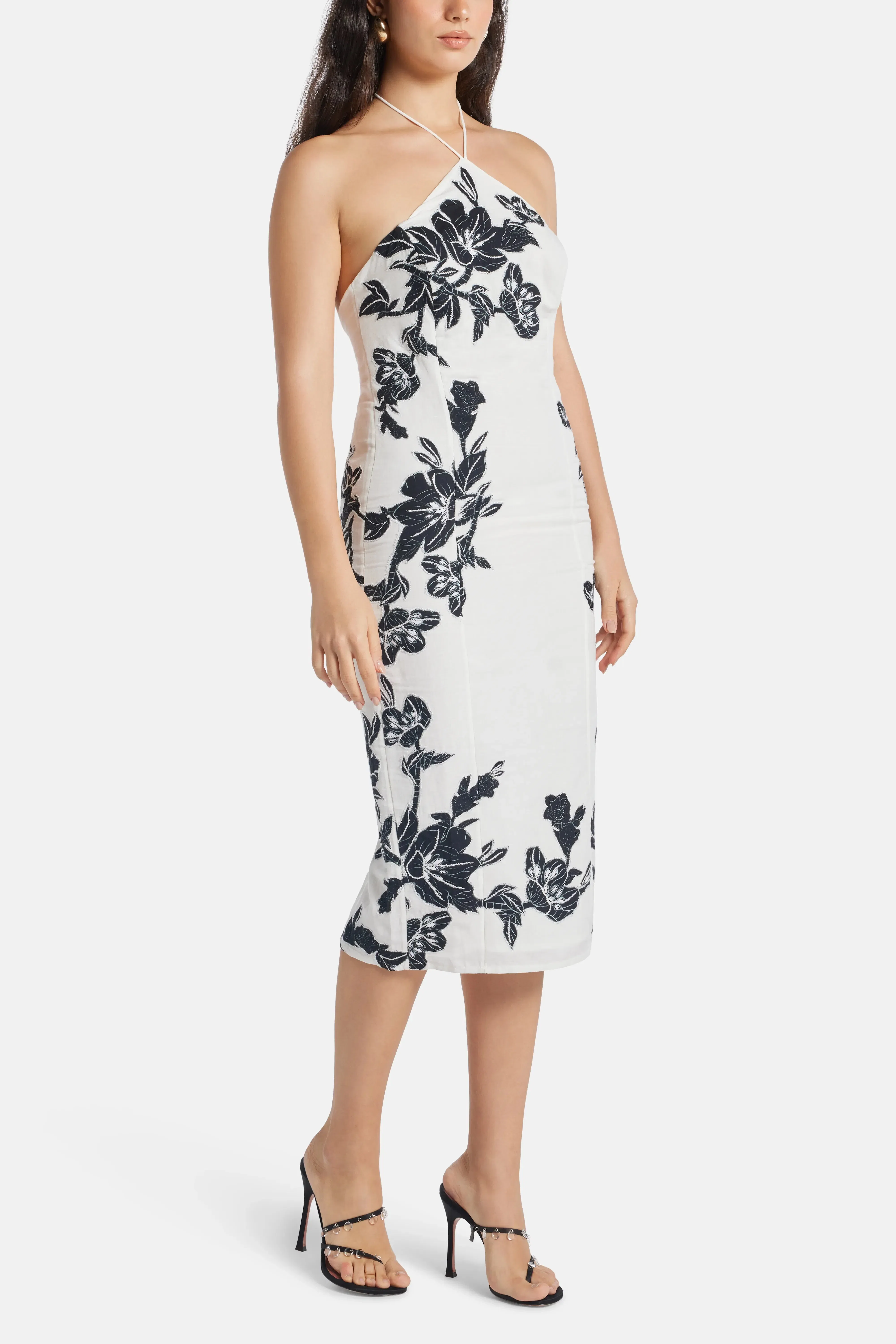 Hemant And Nandita Aahi Floral Halter Neck Linen Midi Dress in White