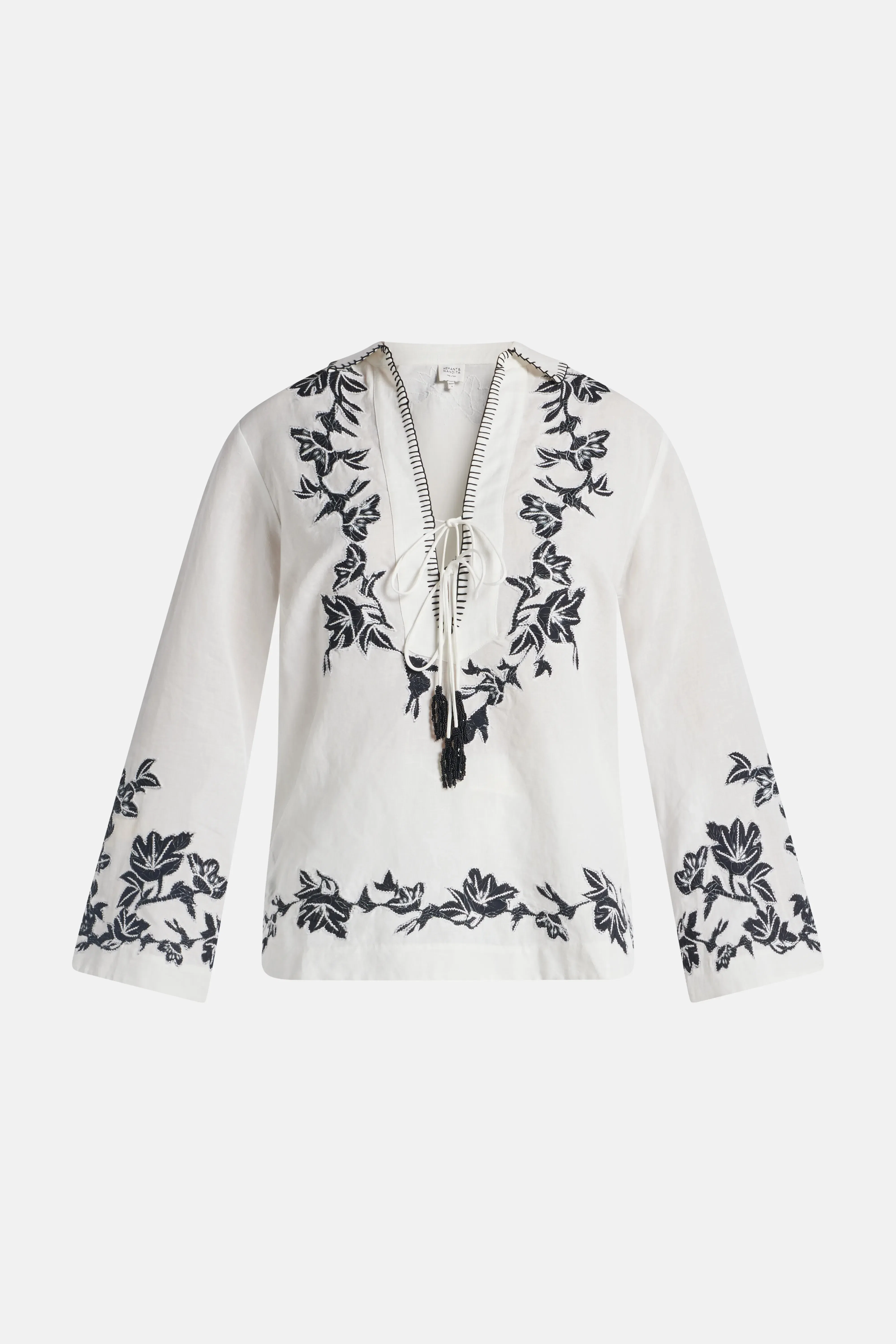 Hemant And Nandita Aahi Floral Long Sleeves Linen Blouse in White