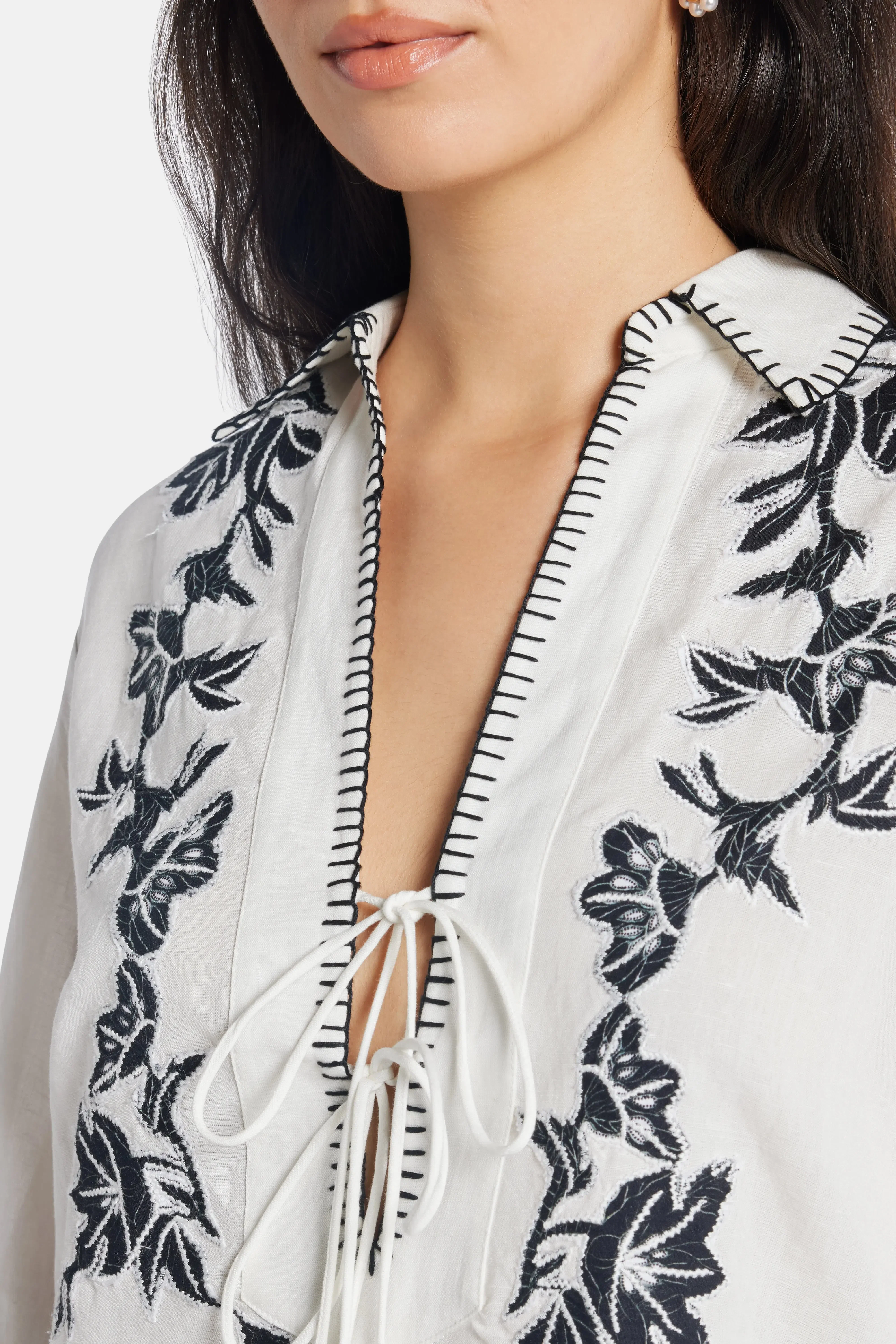 Hemant And Nandita Aahi Floral Long Sleeves Linen Blouse in White