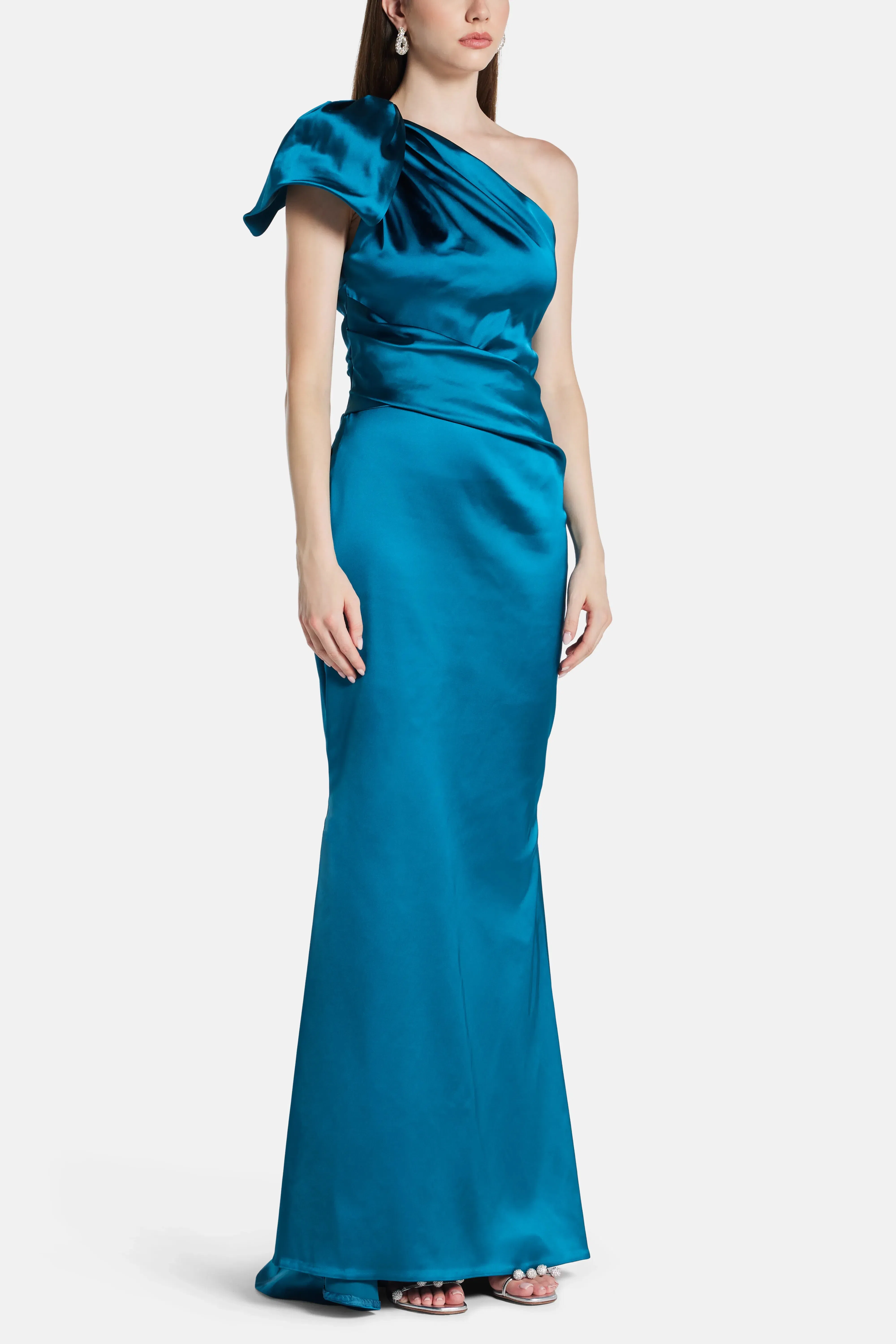 Talbot Runhof Stretch Satin Duchesse One Shoulder Evening Dress in Blue