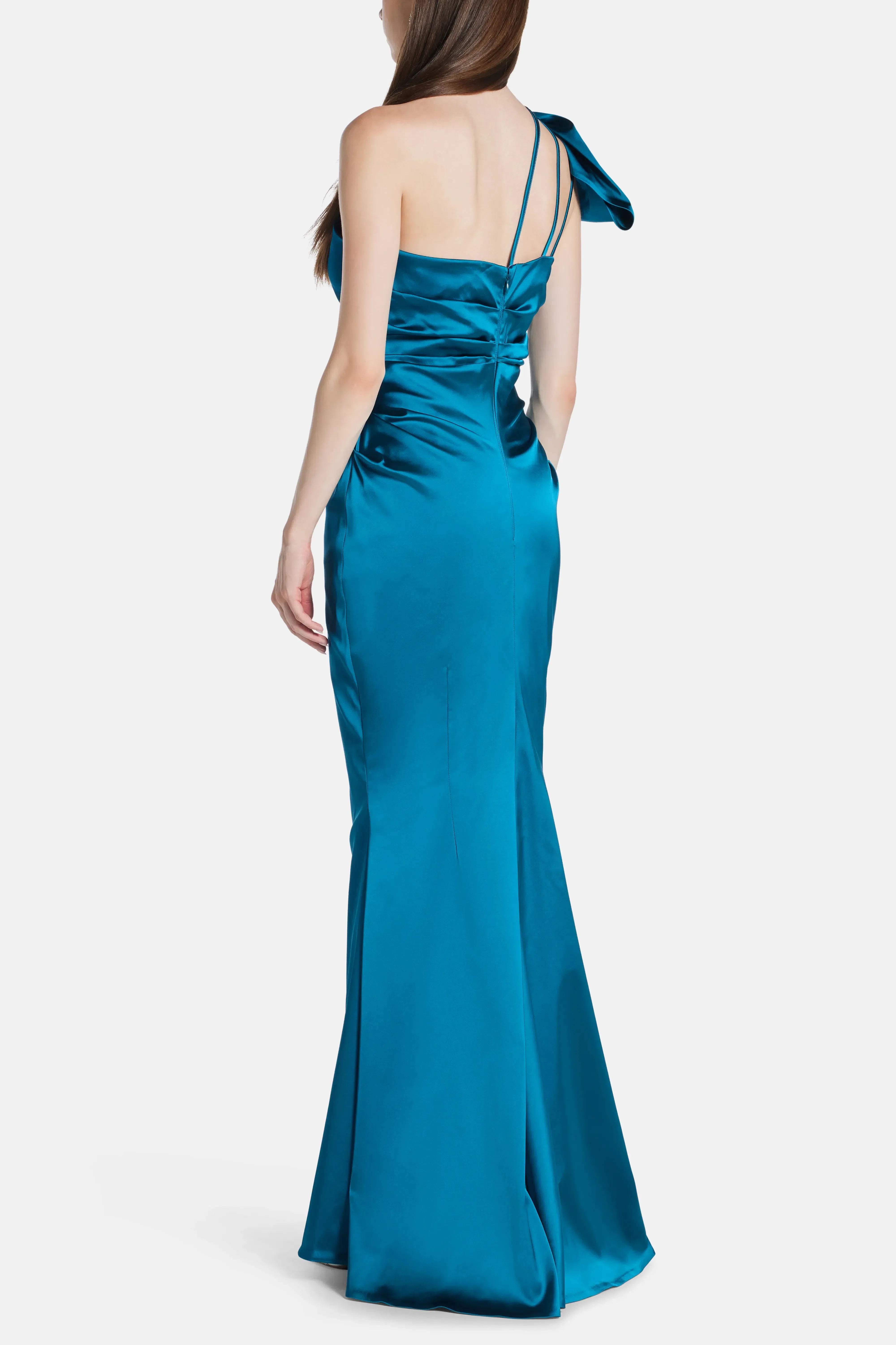 Talbot Runhof Stretch Satin Duchesse One Shoulder Evening Dress in Blue