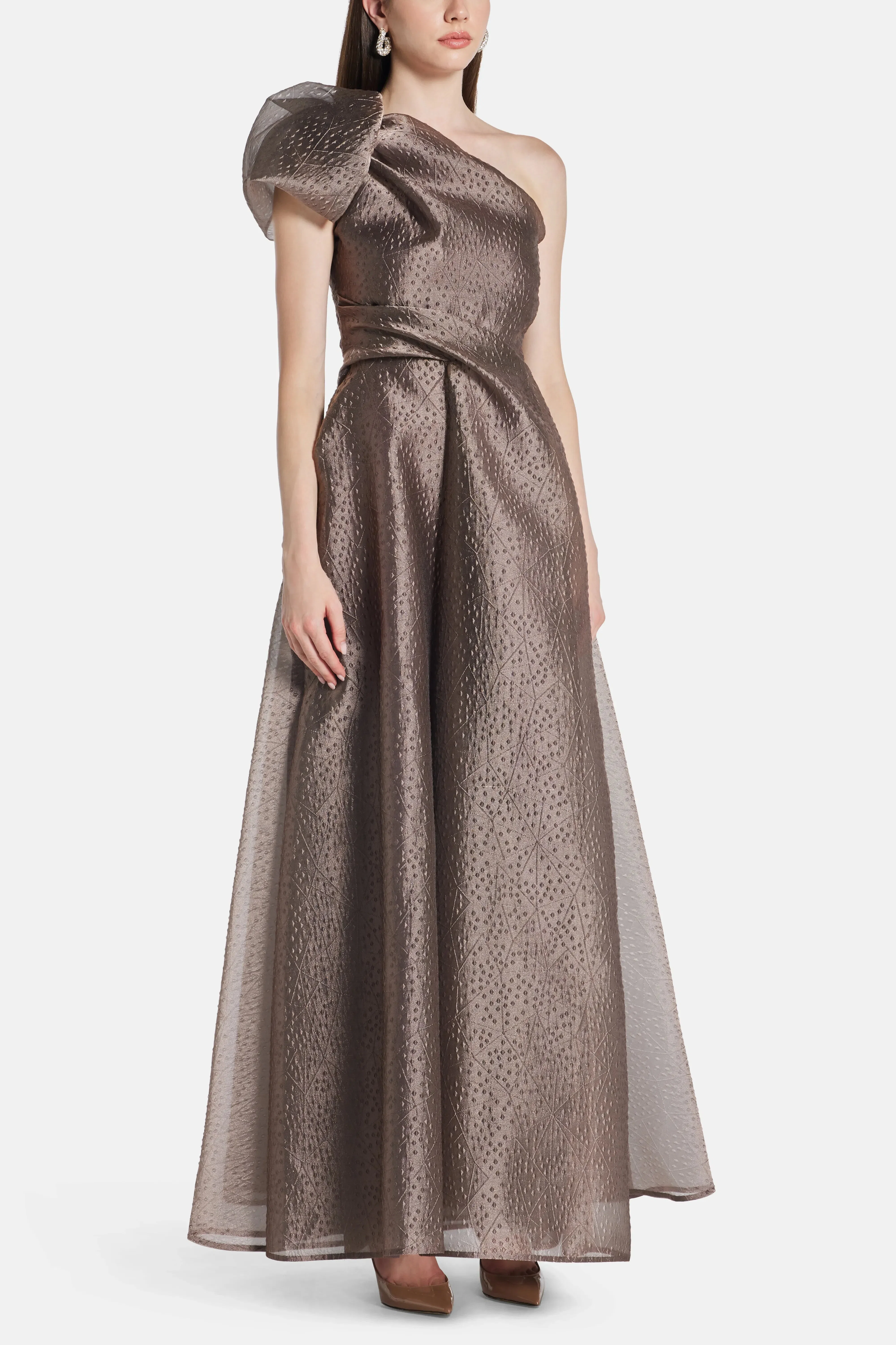 Talbot Runhof Rivet Organza One Shoulder Evening Dress in Brown