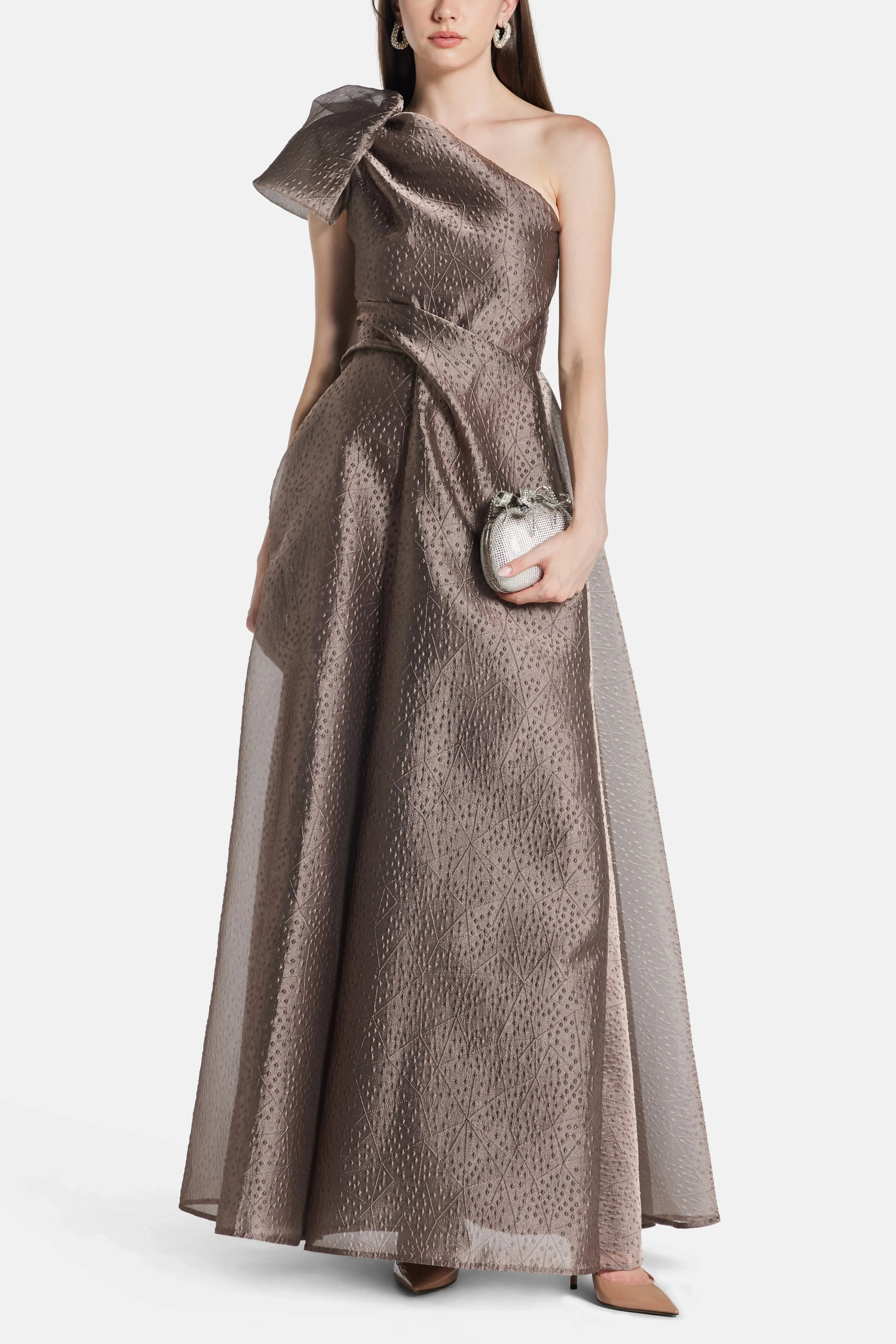 Talbot Runhof Rivet Organza One Shoulder Evening Dress in Brown