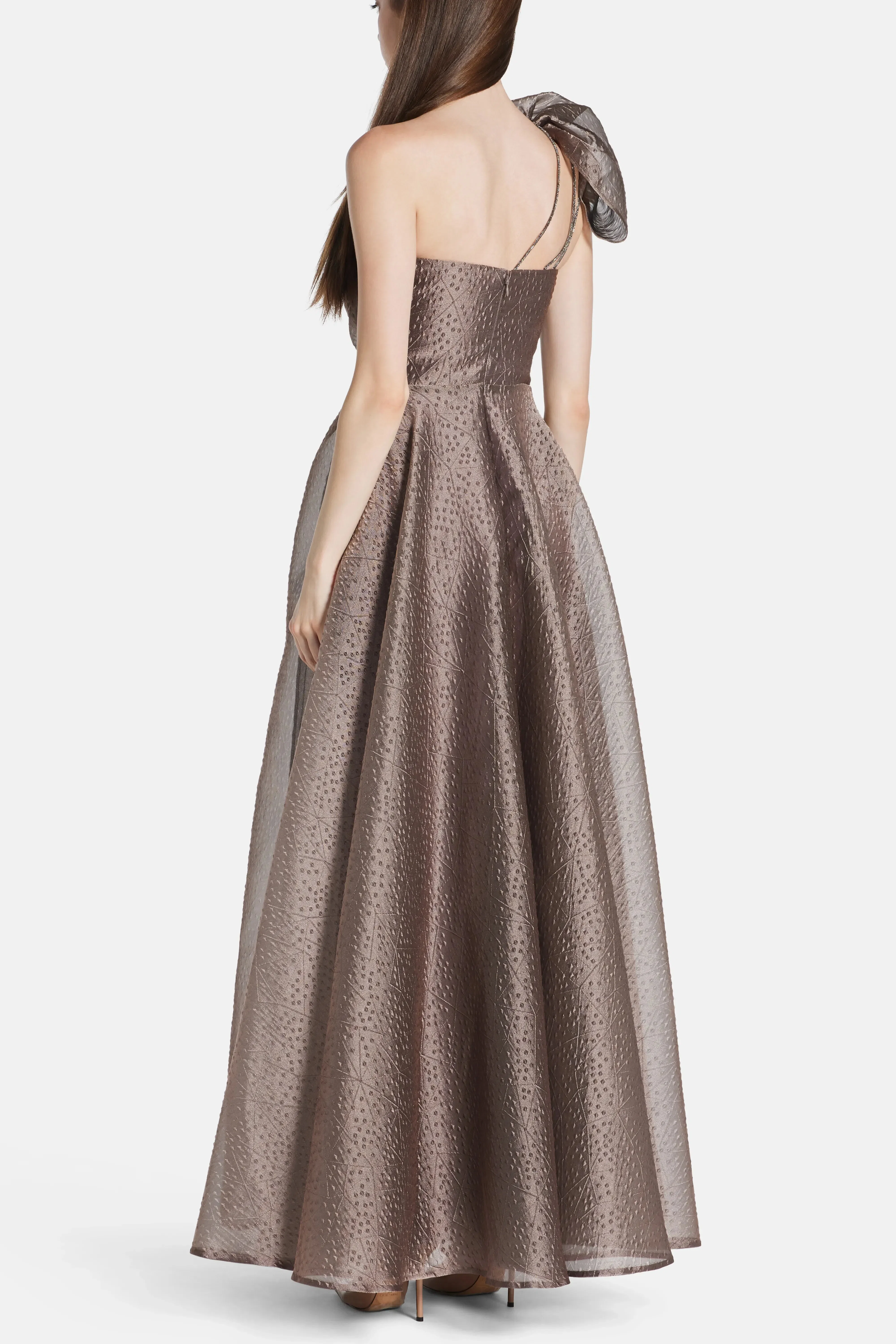 Talbot Runhof Rivet Organza One Shoulder Evening Dress in Brown