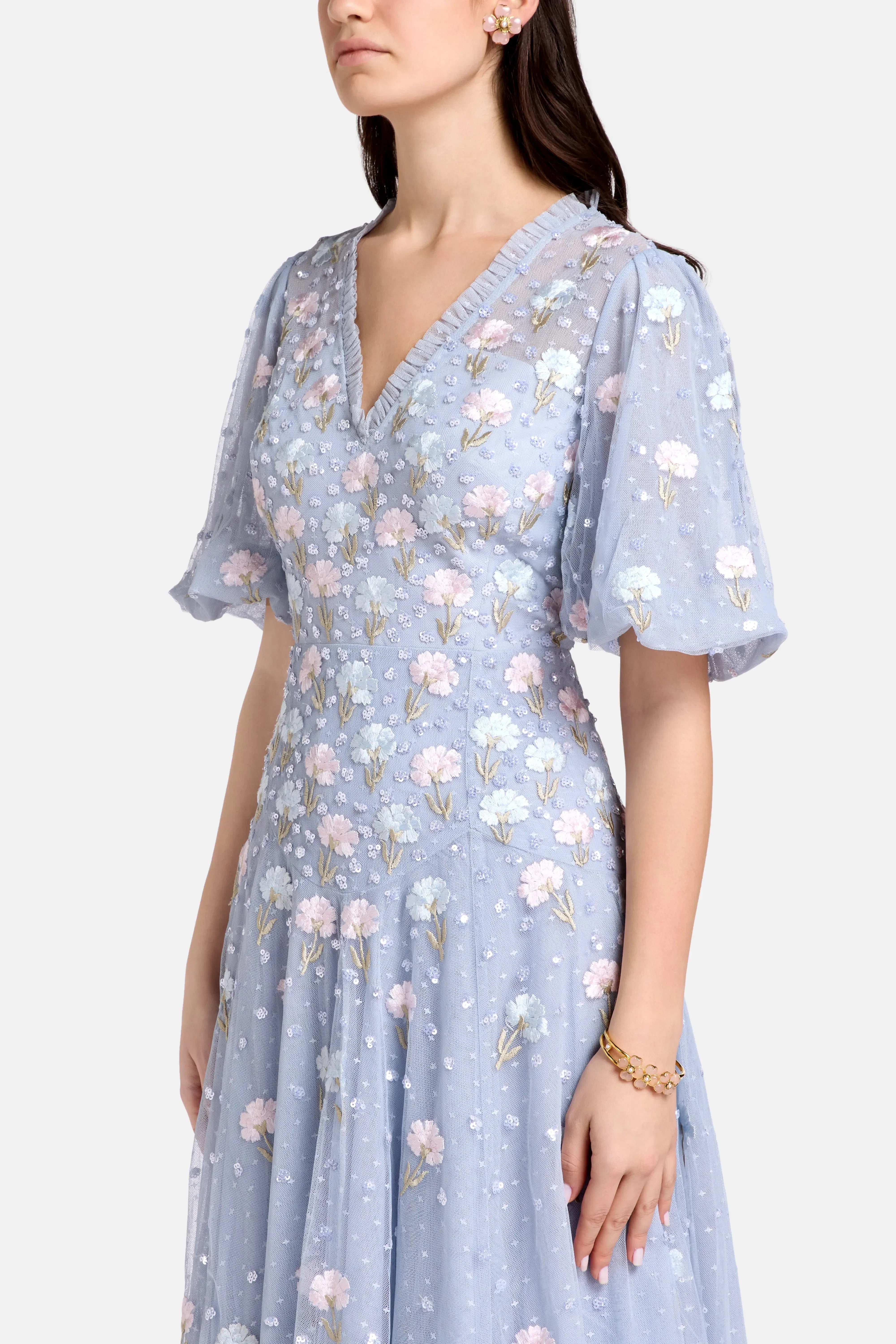 Needle & Thread Dandelion Ditsy Floral Evening Dress in Blue