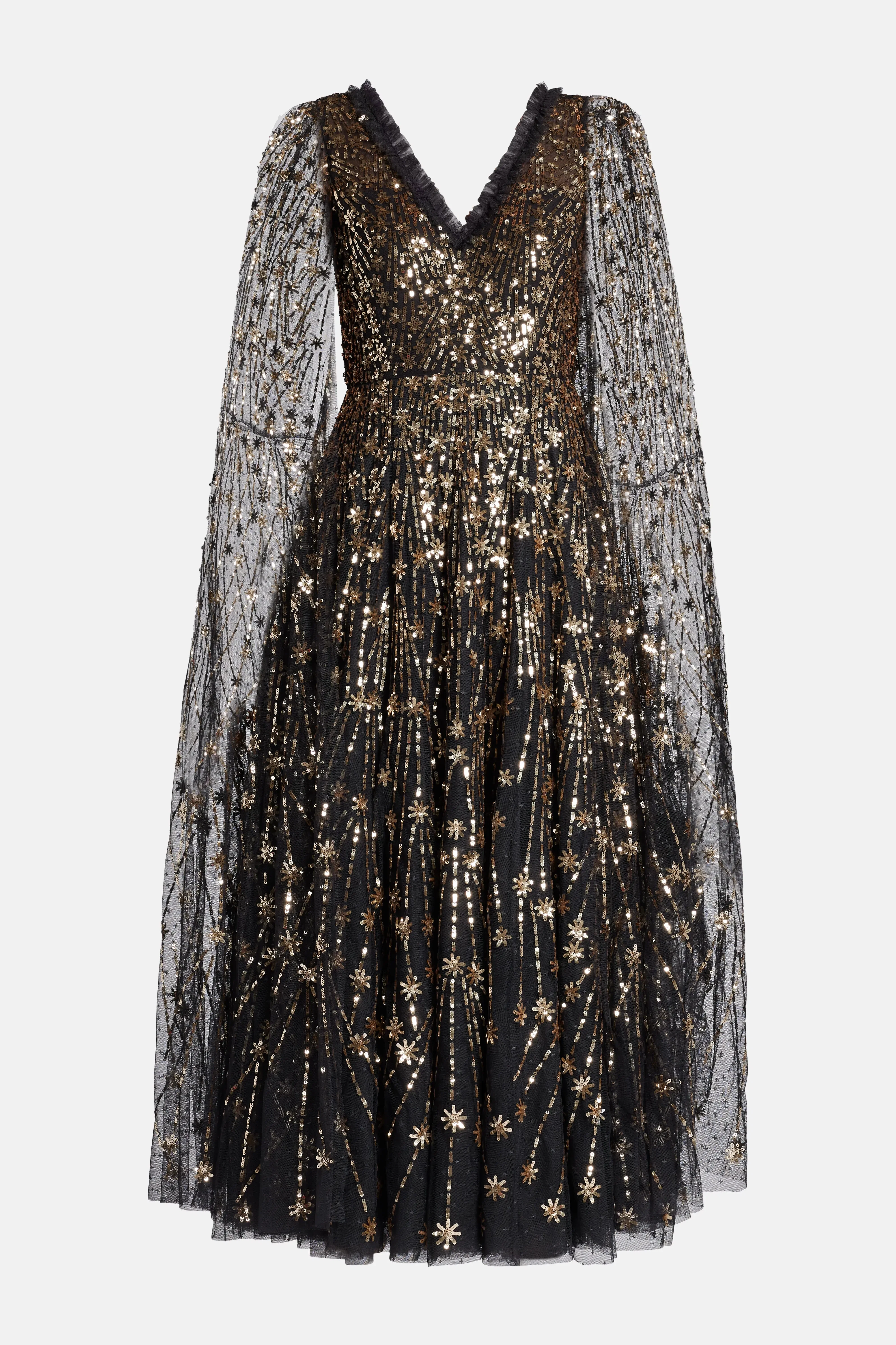 Needle & Thread Comet Sequin Cape Evening Dress in Black