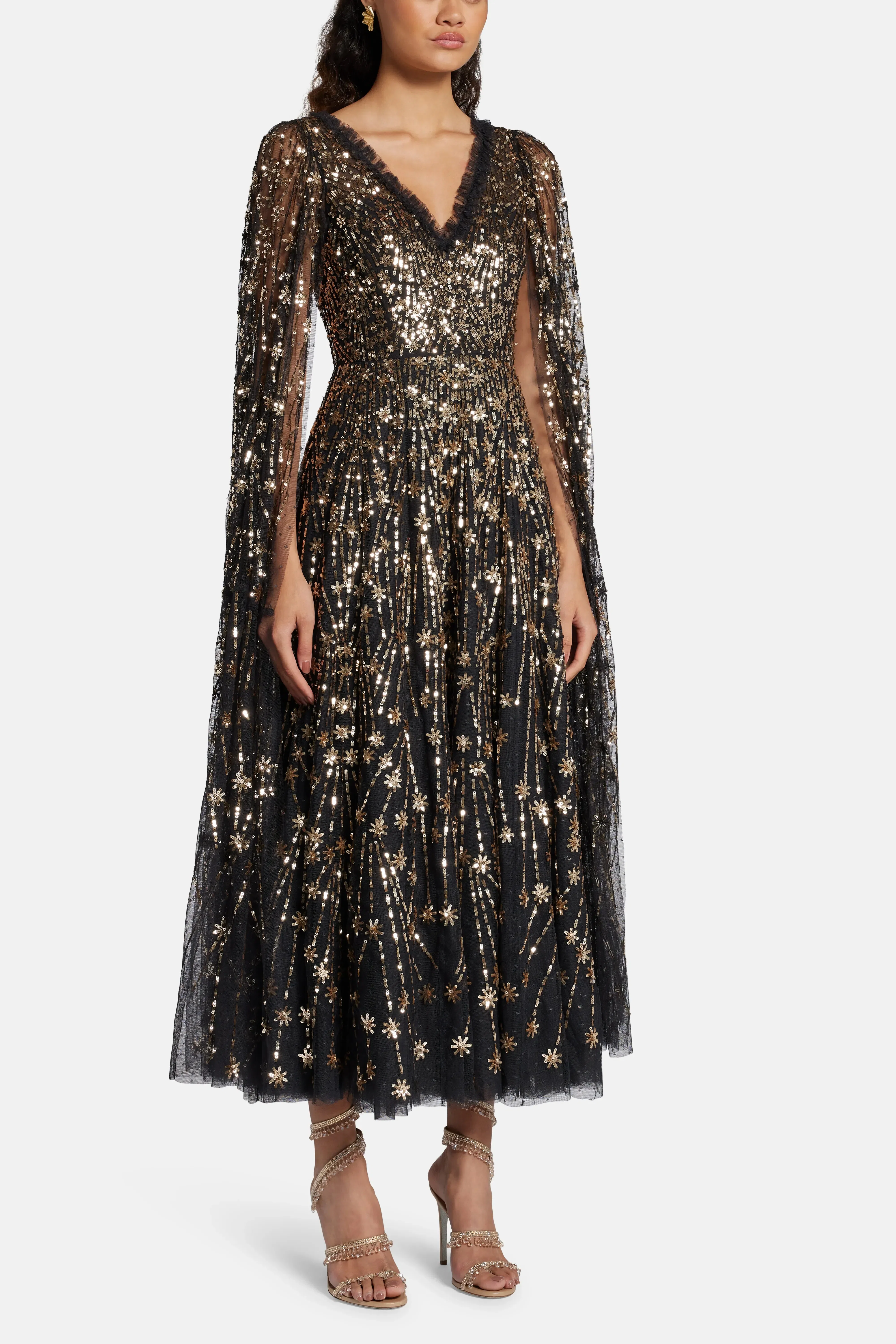 Needle & Thread Comet Sequin Cape Evening Dress in Black