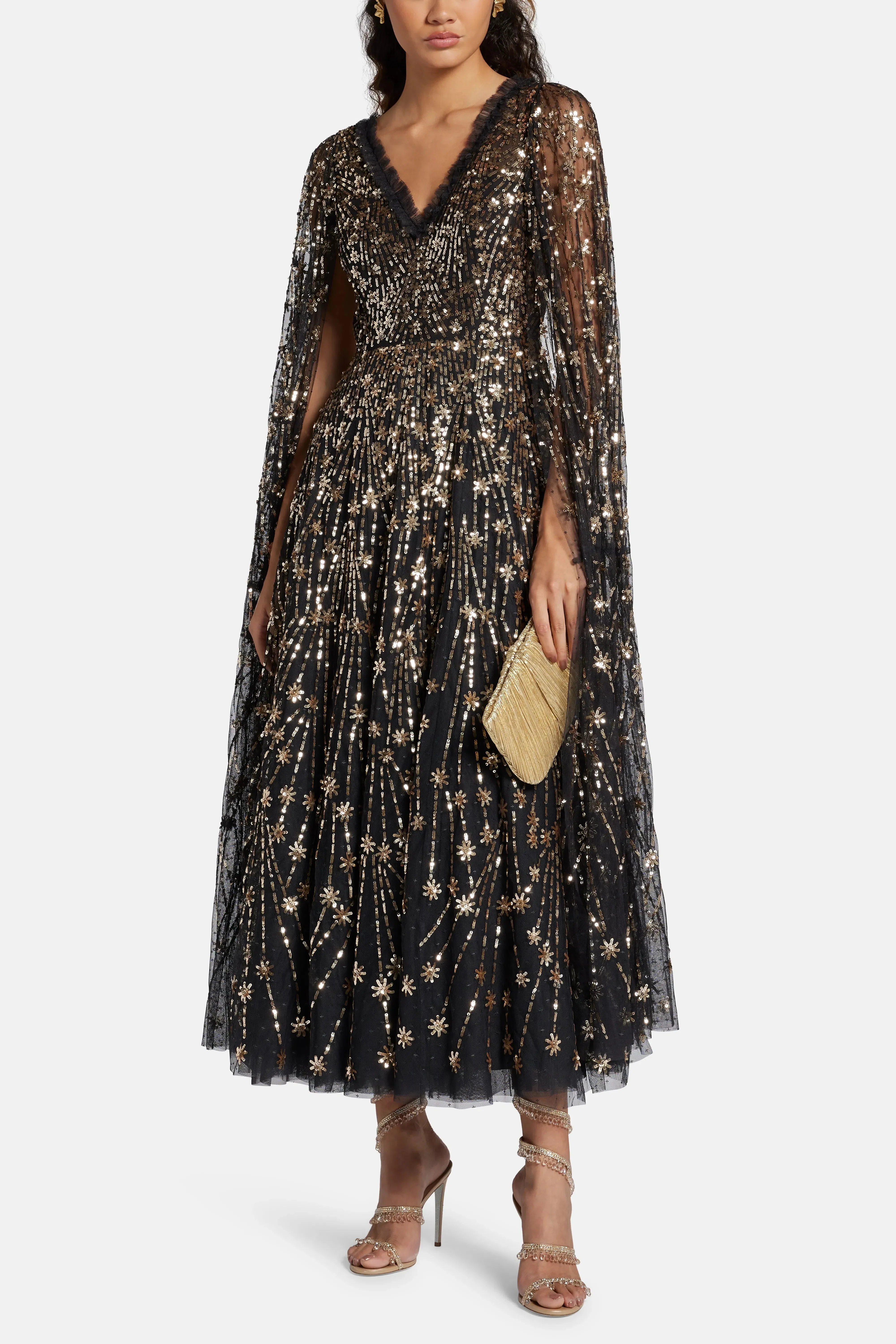 Needle & Thread Comet Sequin Cape Evening Dress in Black