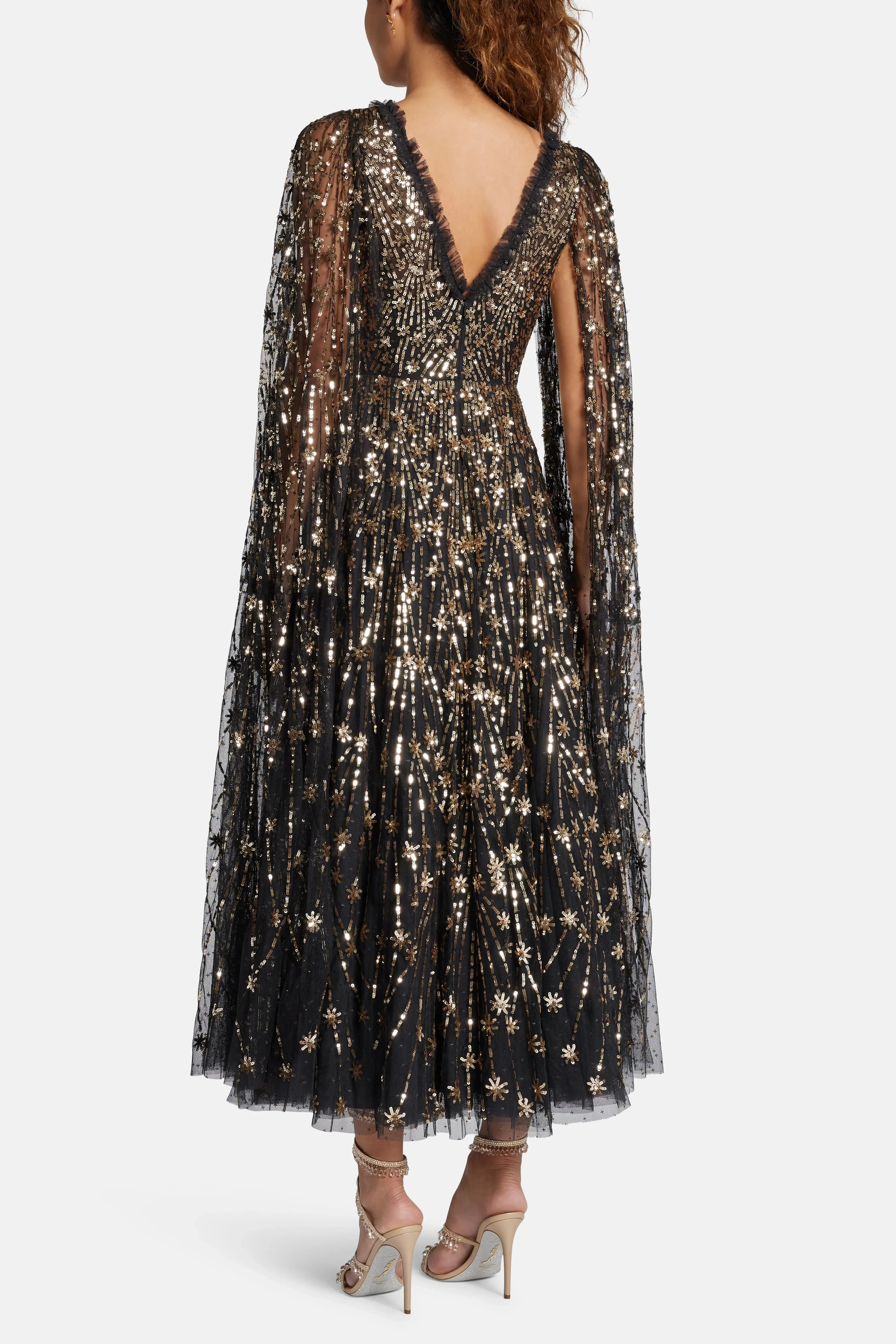 Needle & Thread Comet Sequin Cape Evening Dress in Black