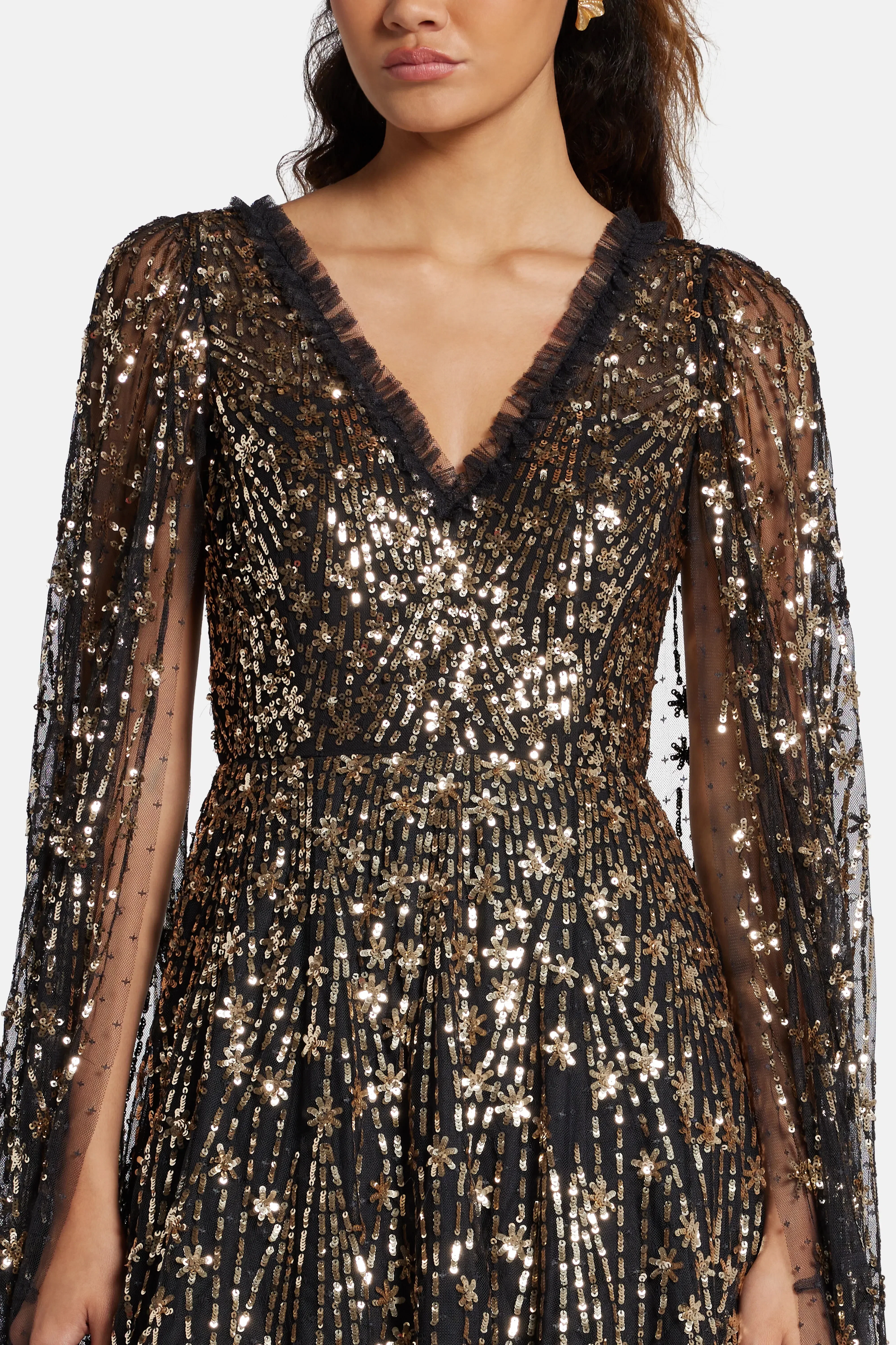 Needle & Thread Comet Sequin Cape Evening Dress in Black