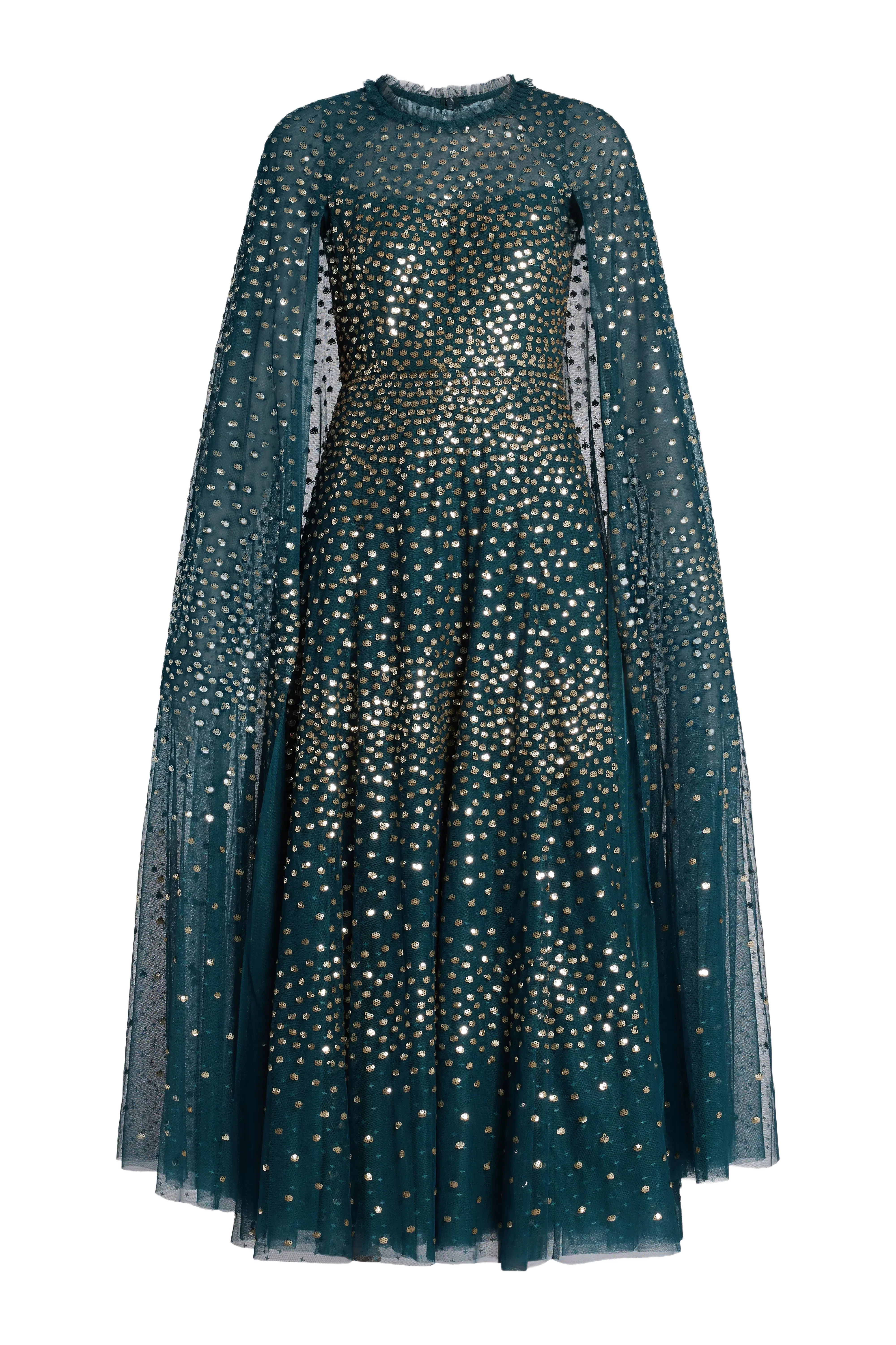 Needle & Thread Scatter Dot Sequin Cape Evening Dress in Green