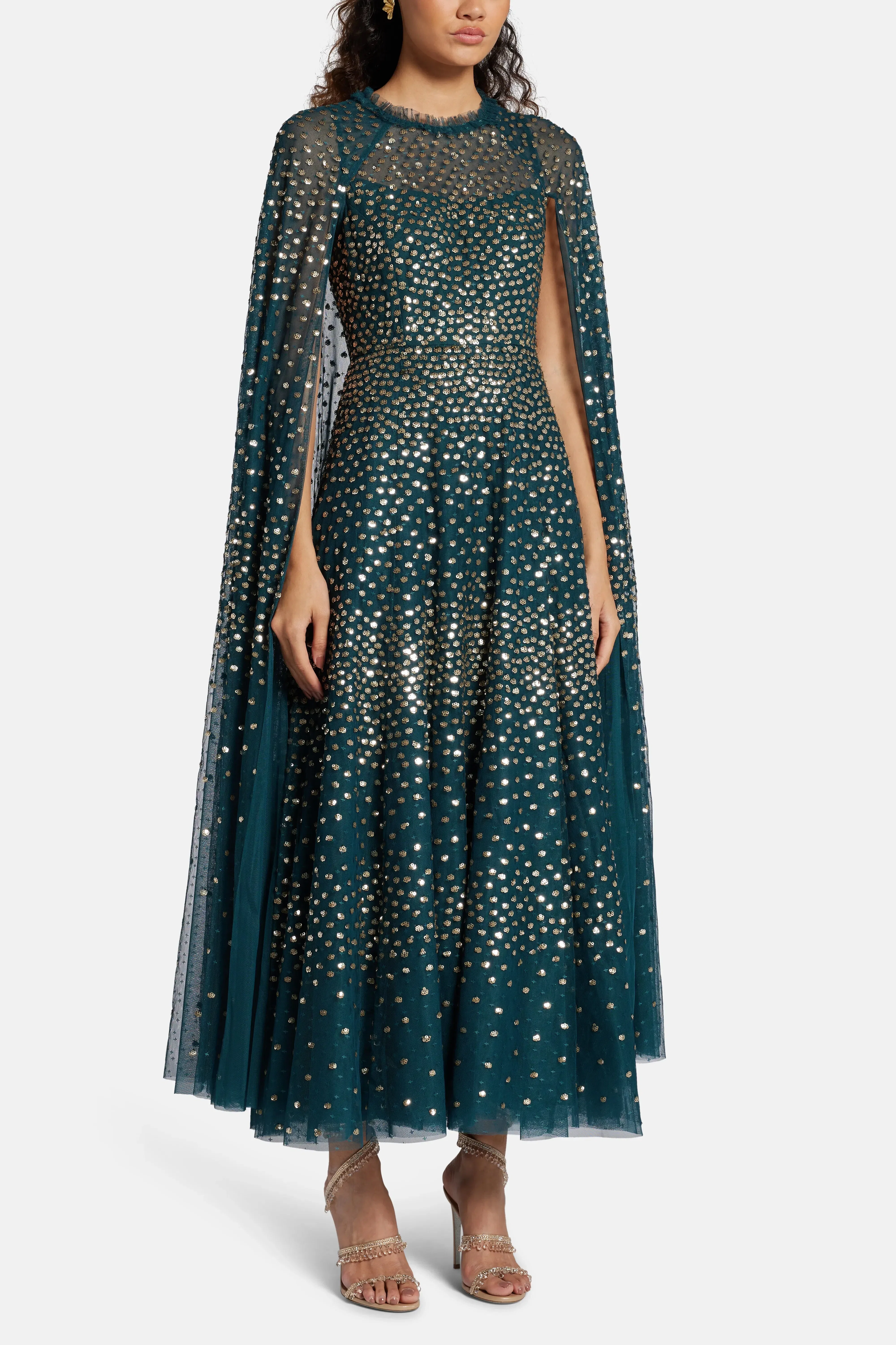Needle & Thread Scatter Dot Sequin Cape Evening Dress in Green