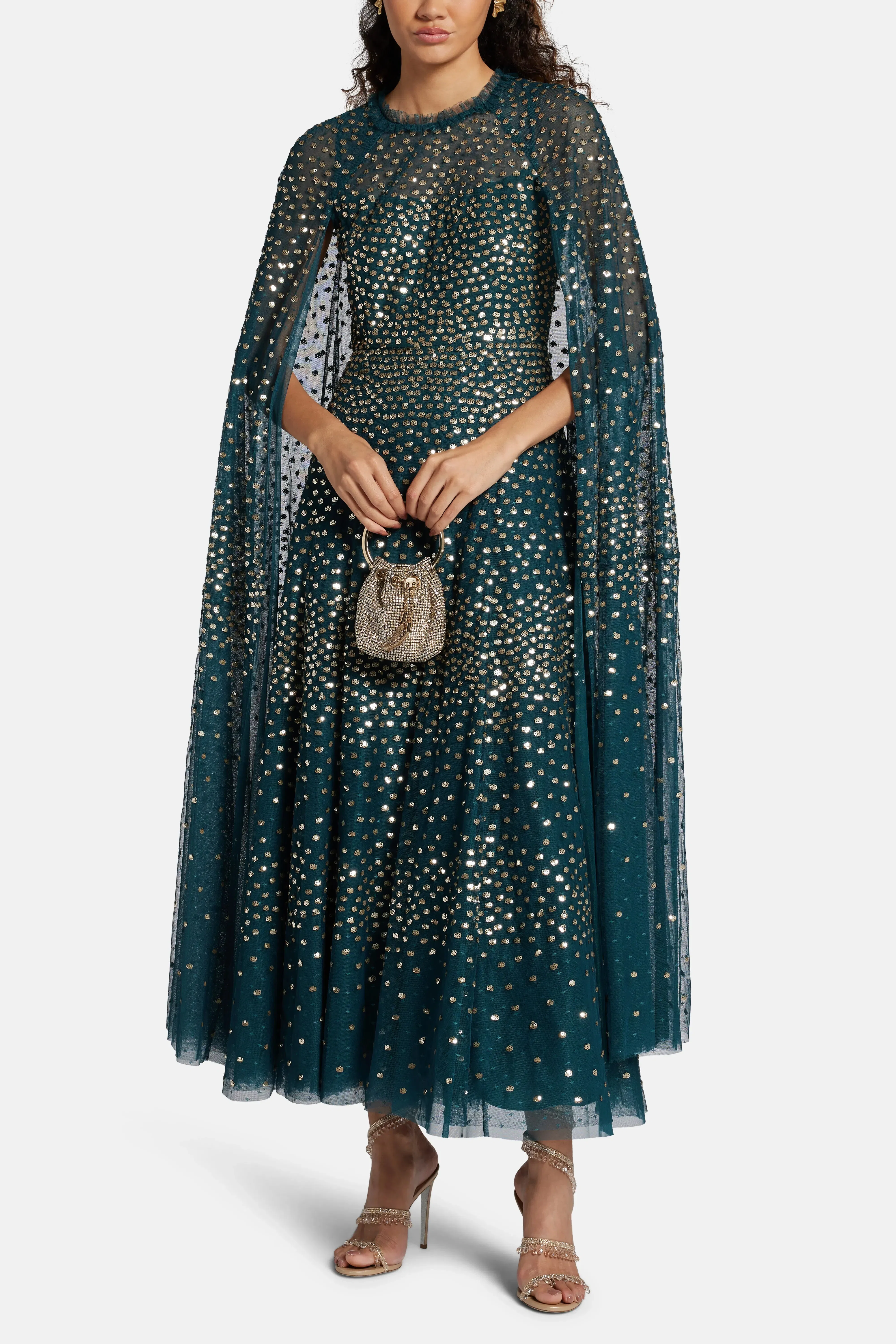 Needle & Thread Scatter Dot Sequin Cape Evening Dress in Green