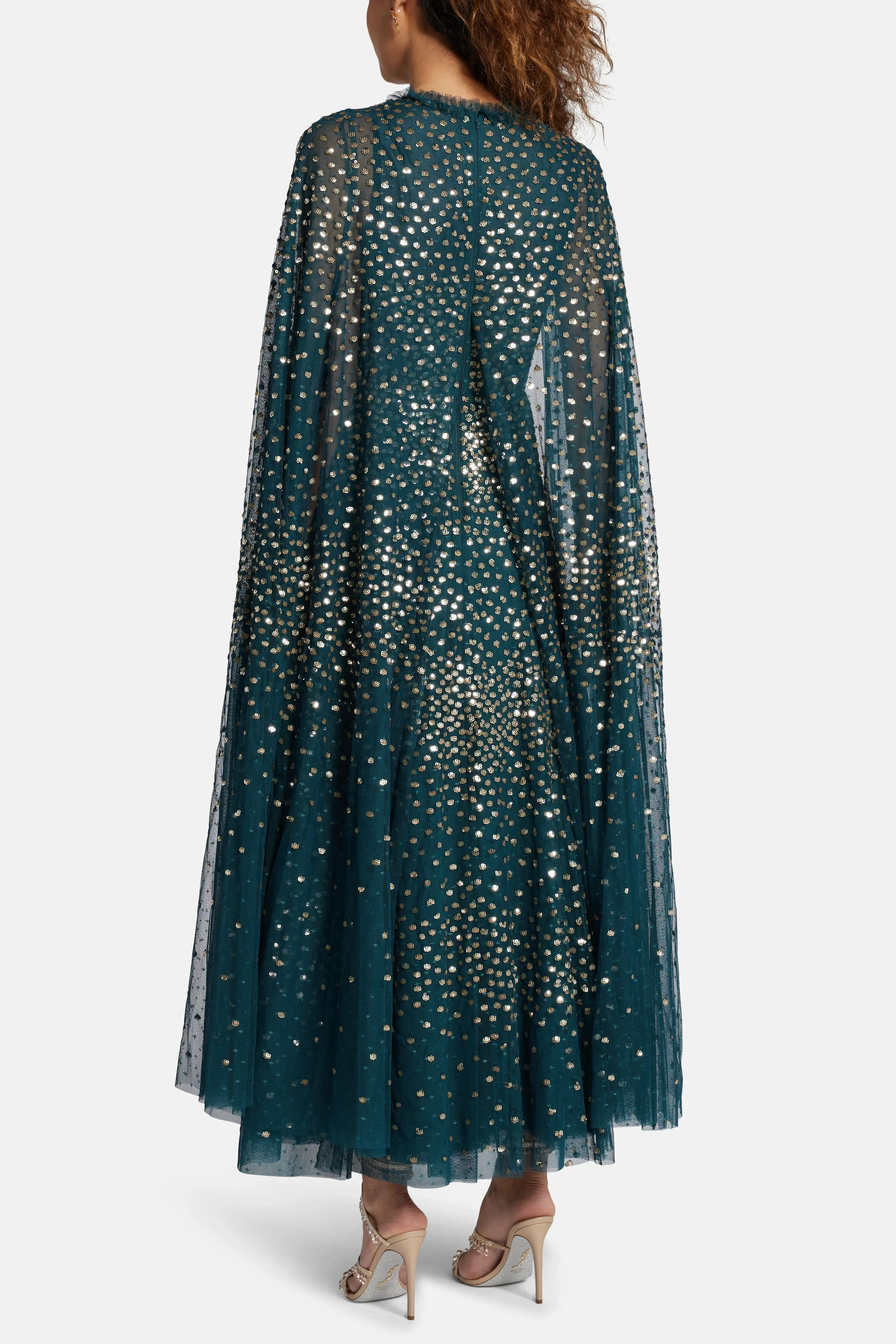Needle & Thread Scatter Dot Sequin Cape Evening Dress in Green