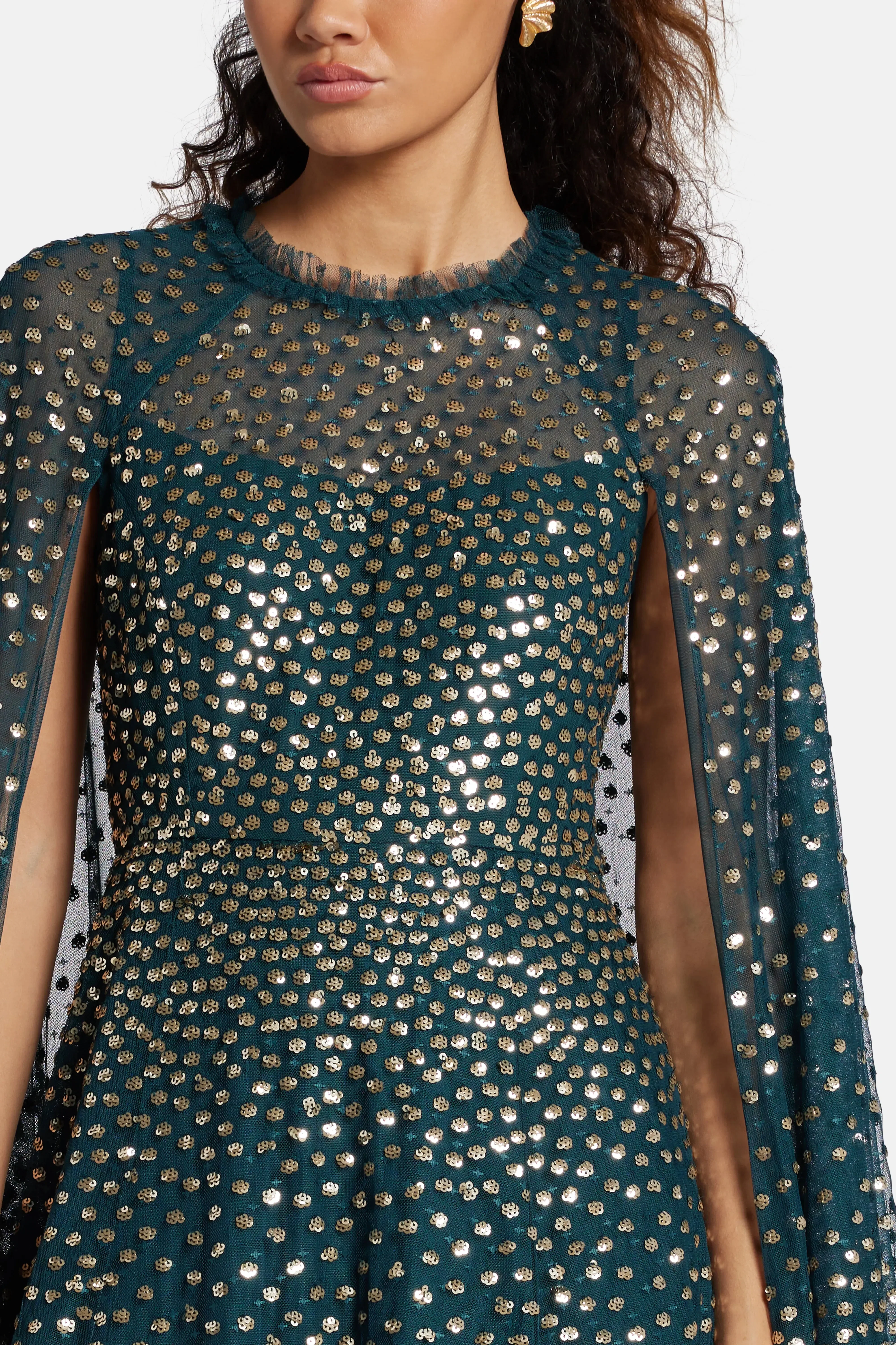 Needle & Thread Scatter Dot Sequin Cape Evening Dress in Green