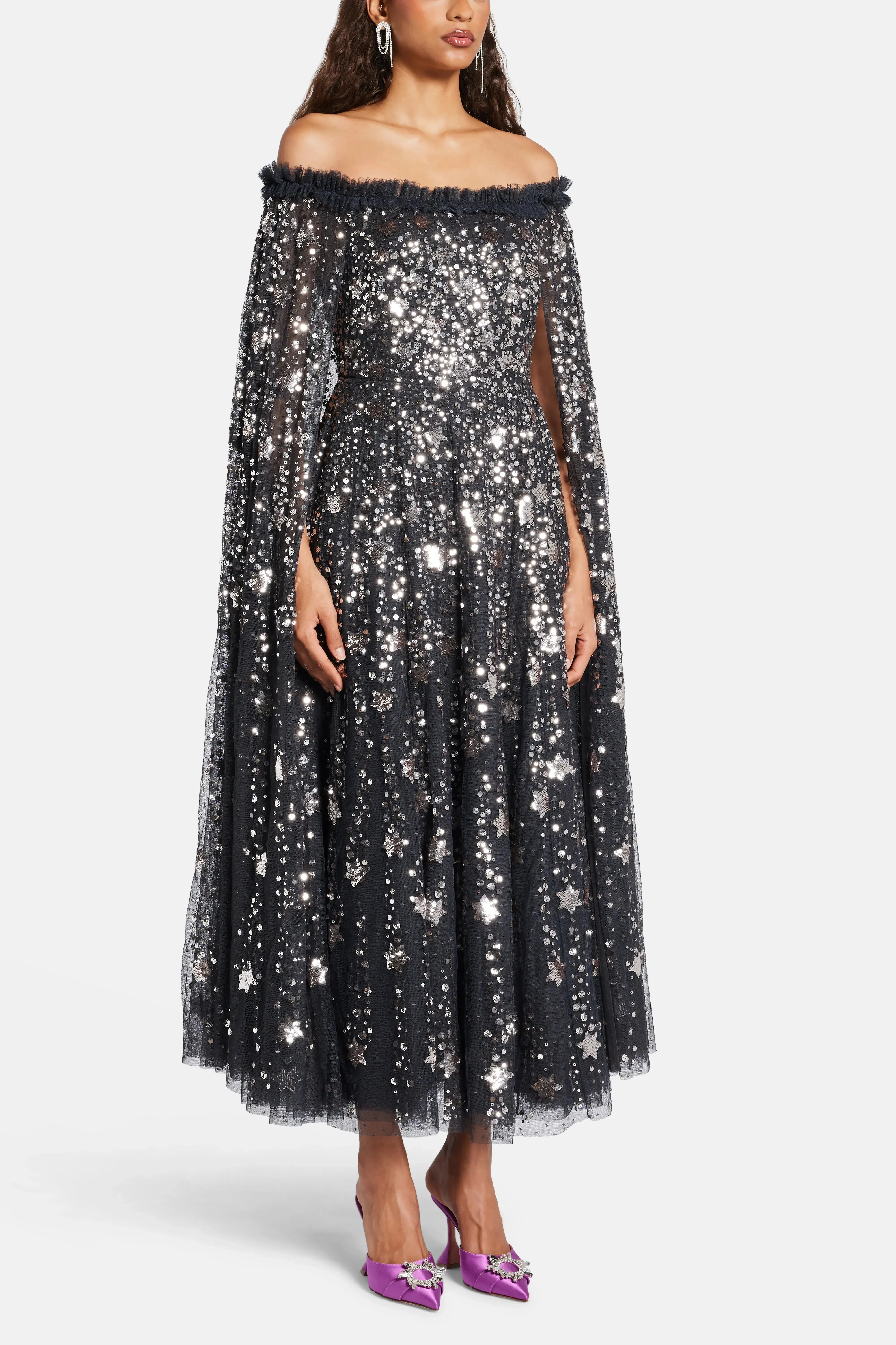 Needle & Thread Shooting Stars Sequin Cape Evening Dress