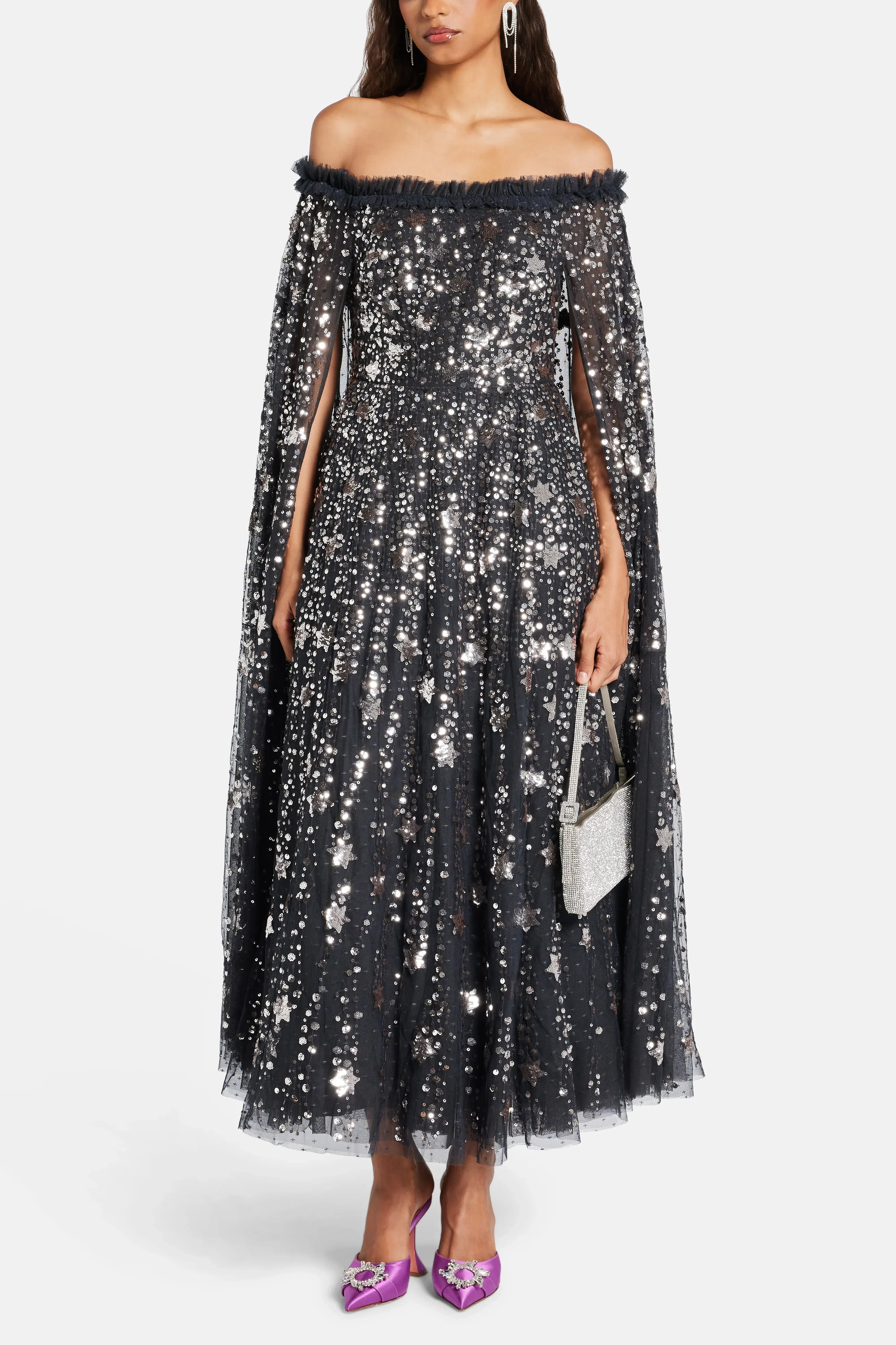 Needle & Thread Shooting Stars Sequin Cape Evening Dress