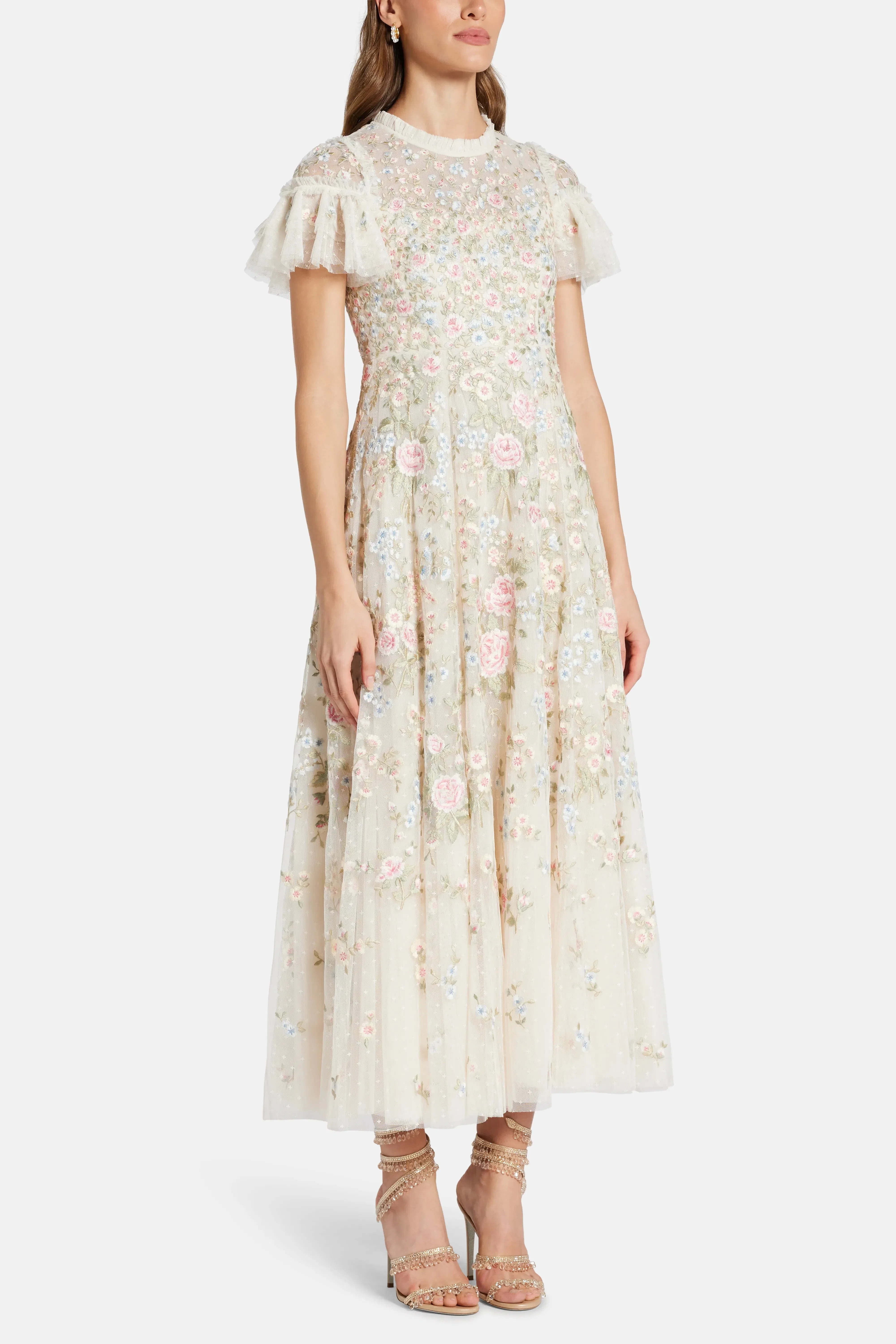 Needle & Thread Antoinettes Floral Round Neck Evening Dress in Cream