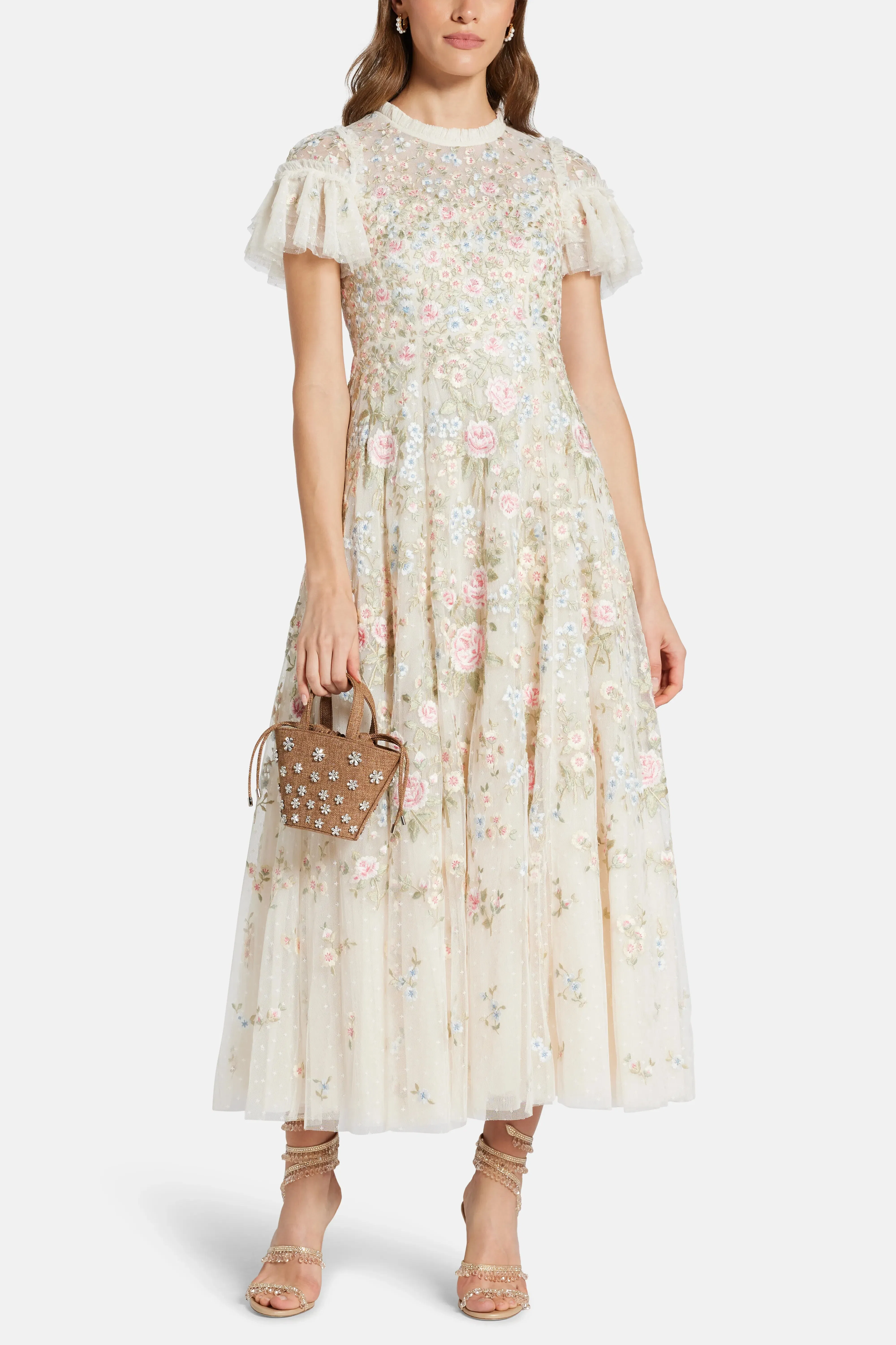 Needle & Thread Antoinettes Floral Round Neck Evening Dress in Cream