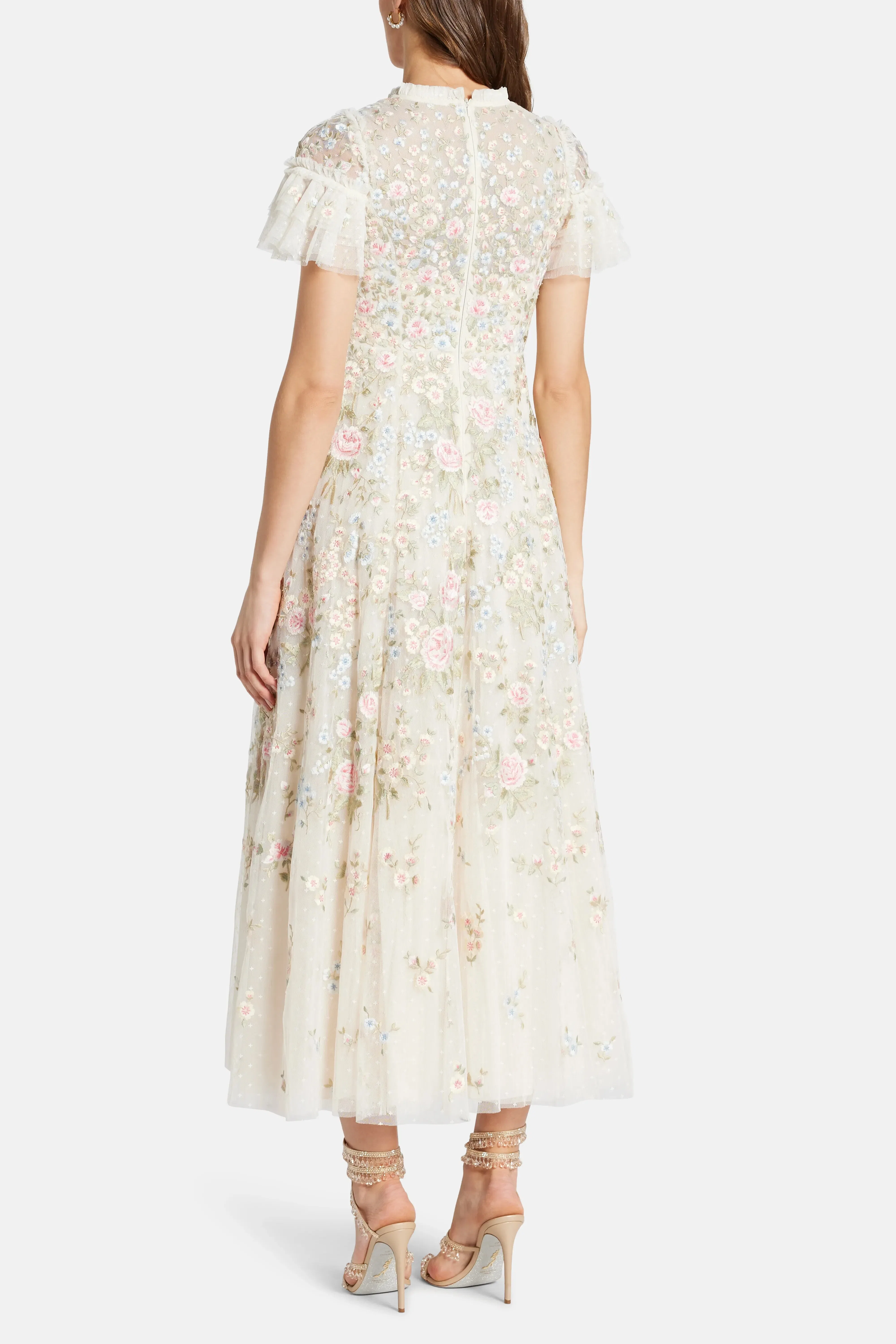 Needle & Thread Antoinettes Floral Round Neck Evening Dress in Cream