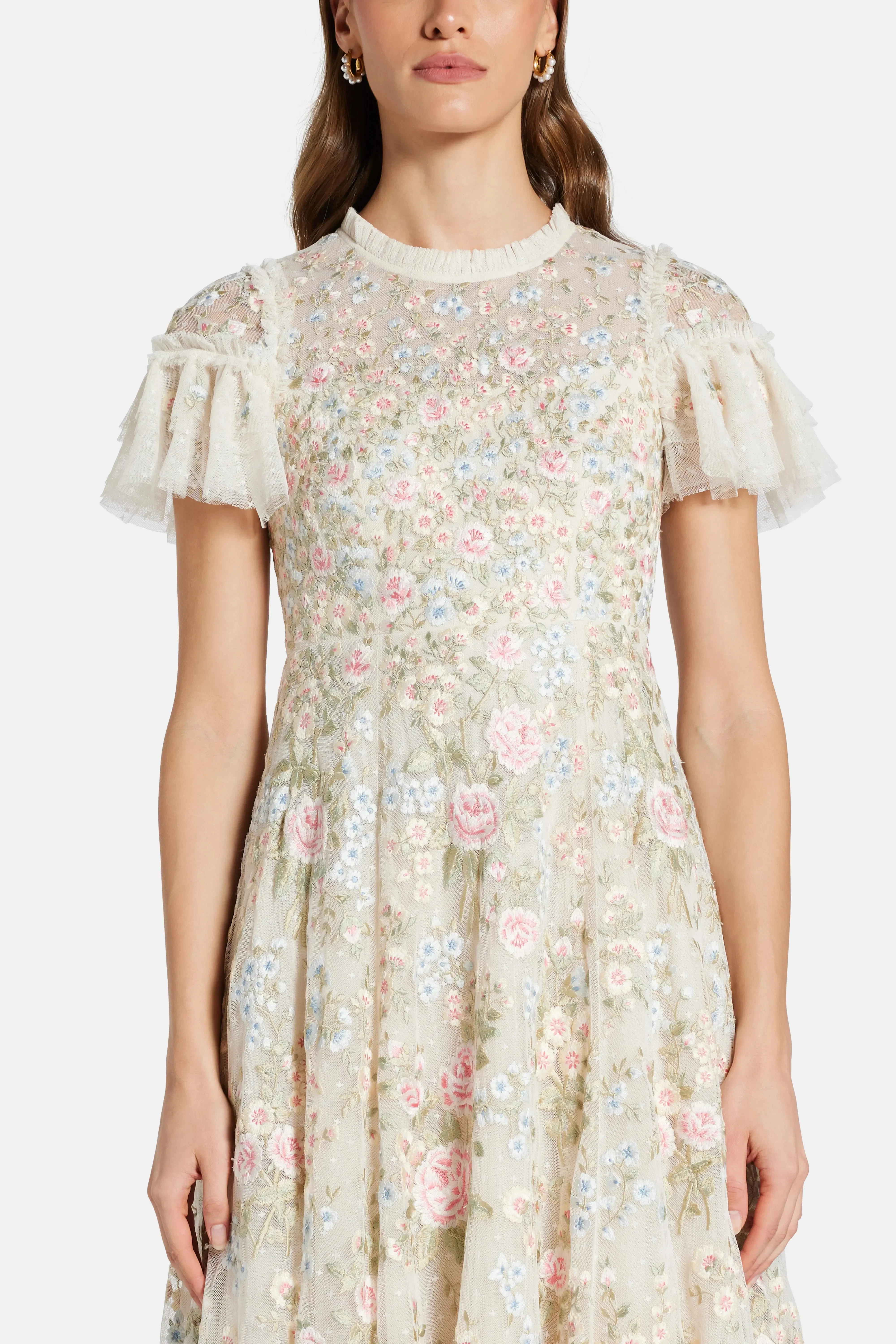 Needle & Thread Antoinettes Floral Round Neck Evening Dress in Cream