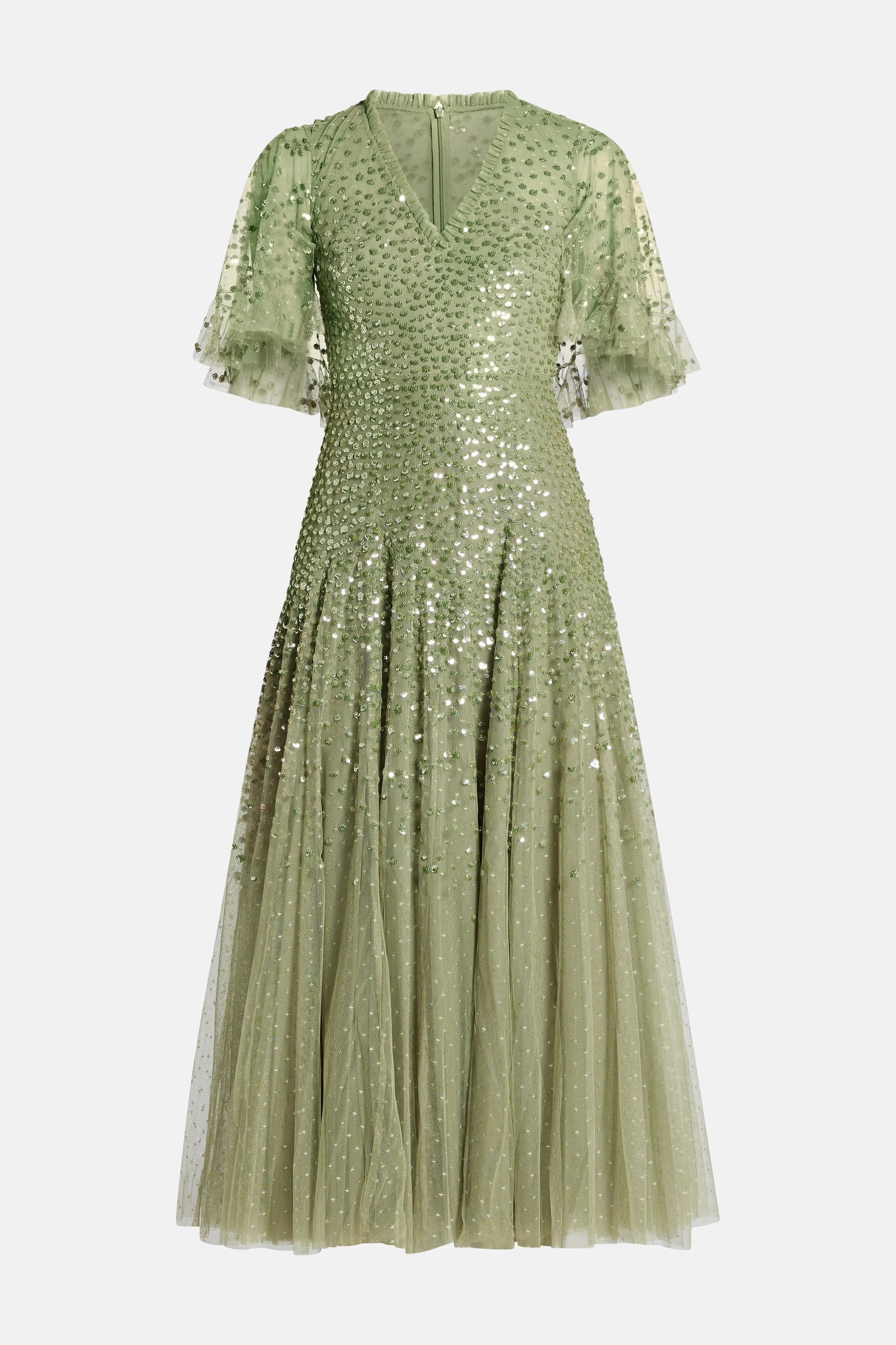Needle & Thread Dappled V Neck Sequin Cape Evening Dress in Green